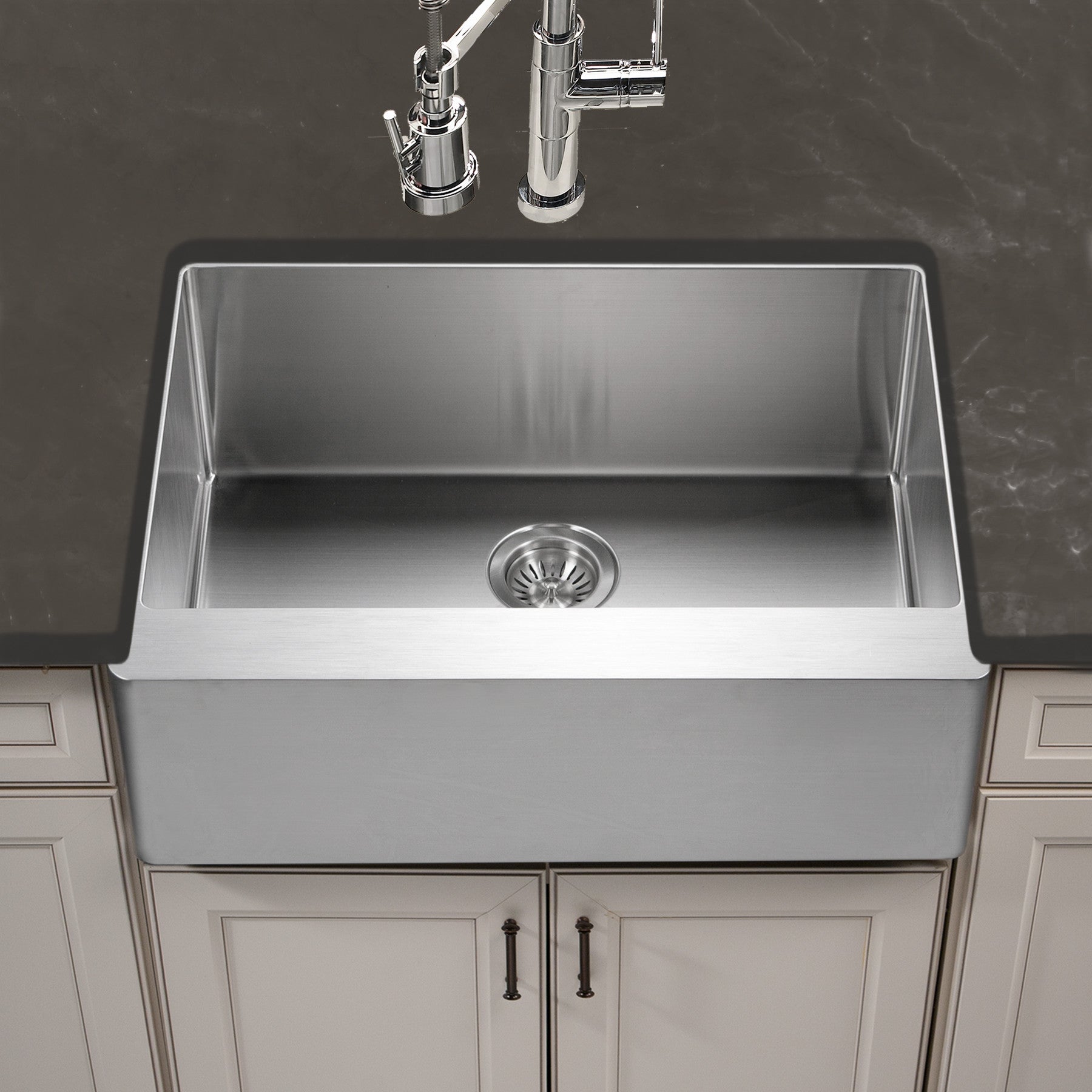 Houzer Epicure 30 inch Apron Front Farmhouse Single Bowl Kitchen Sink with Strainer & Grid - ENS-3020