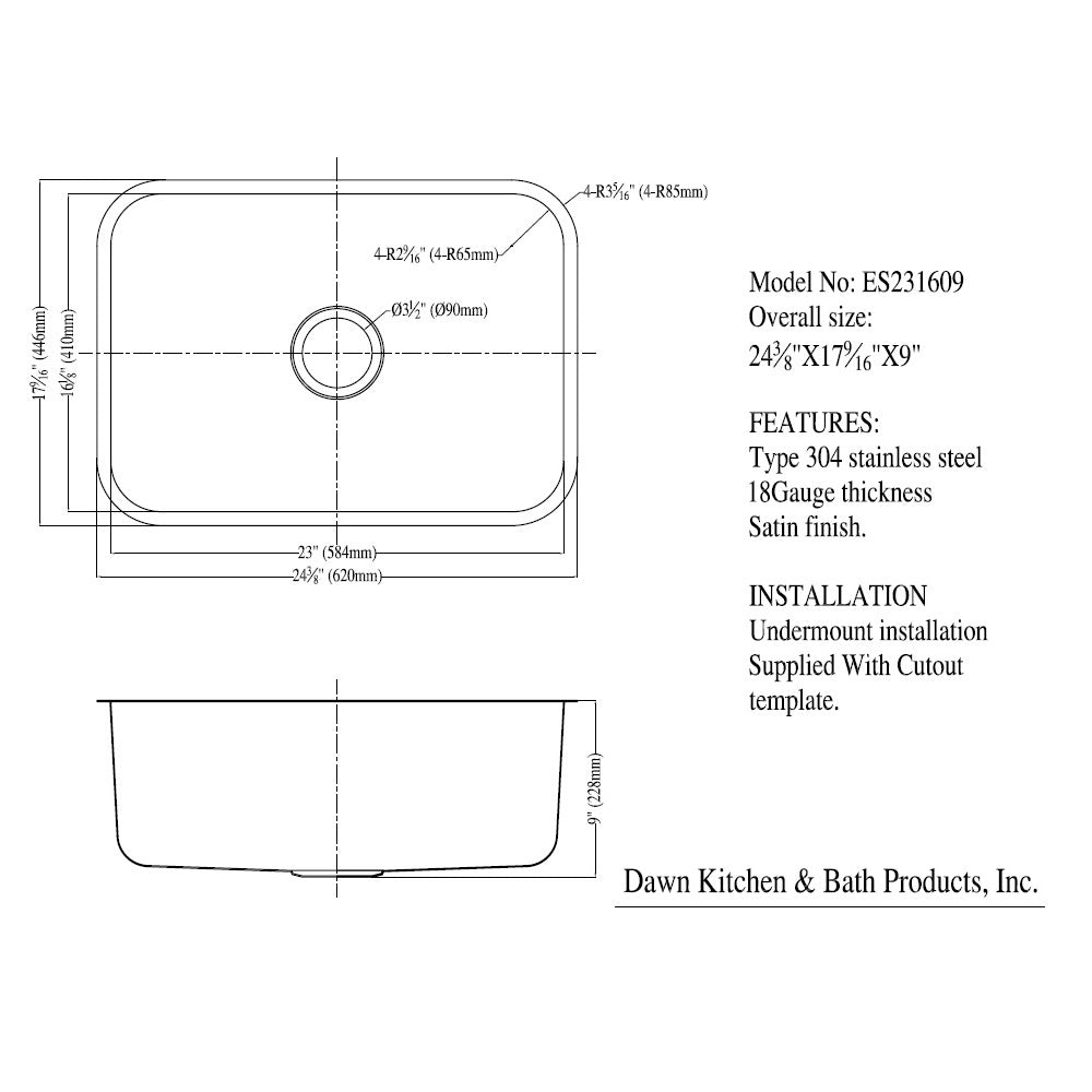 Daweier Undermount Single Bowl Sink ES231609