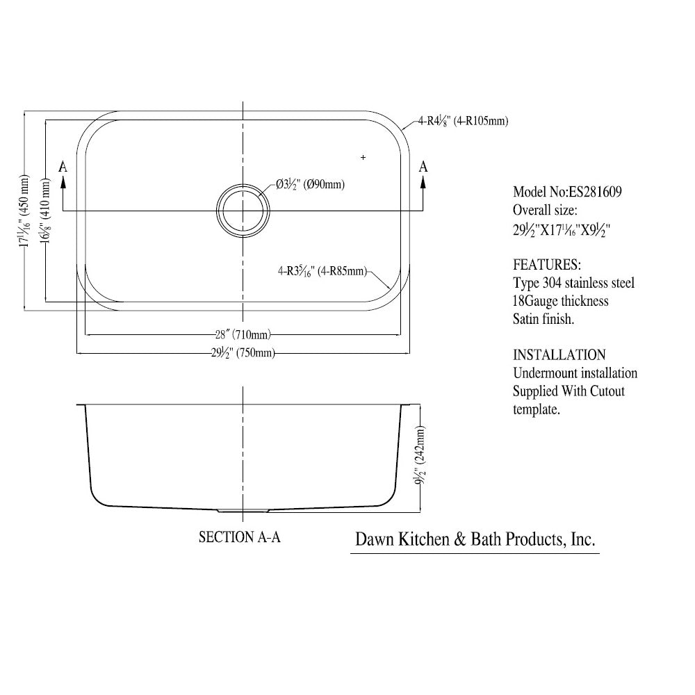 Daweier Undermount Single Bowl Sink ES281609