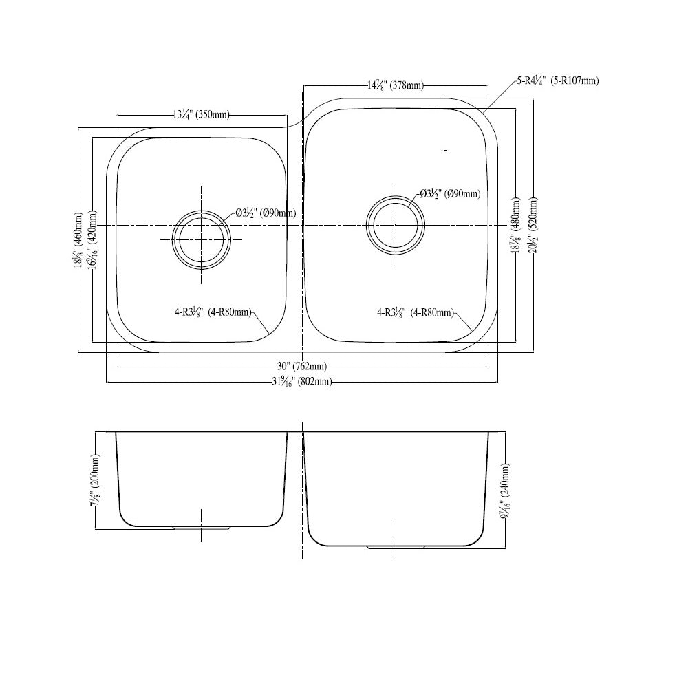 Daweier Undermount Double Bowl Sink (Small Bowl on Left) ES301816L