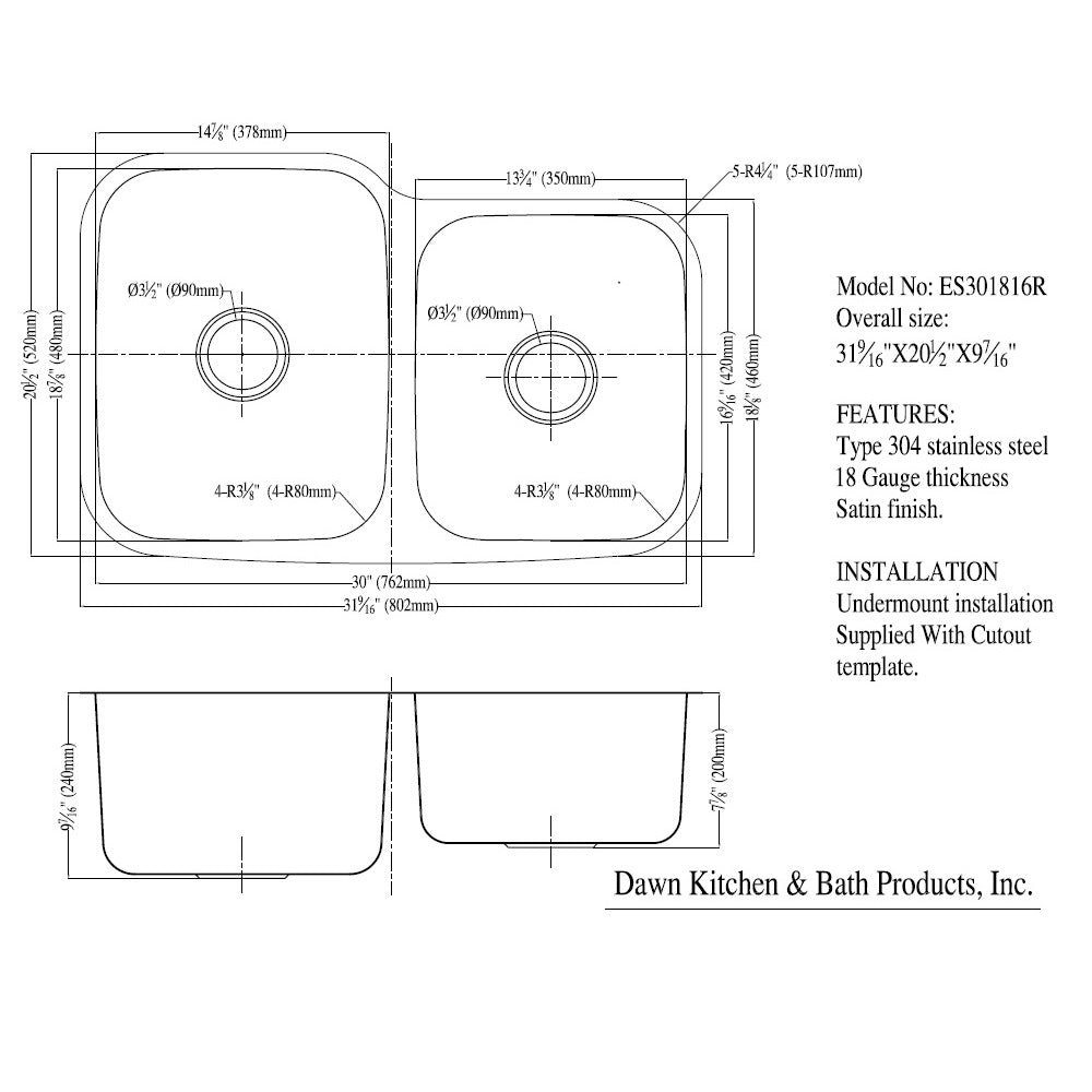 Daweier Undermount Double Bowl Sink (Small Bowl on Right) ES301816R
