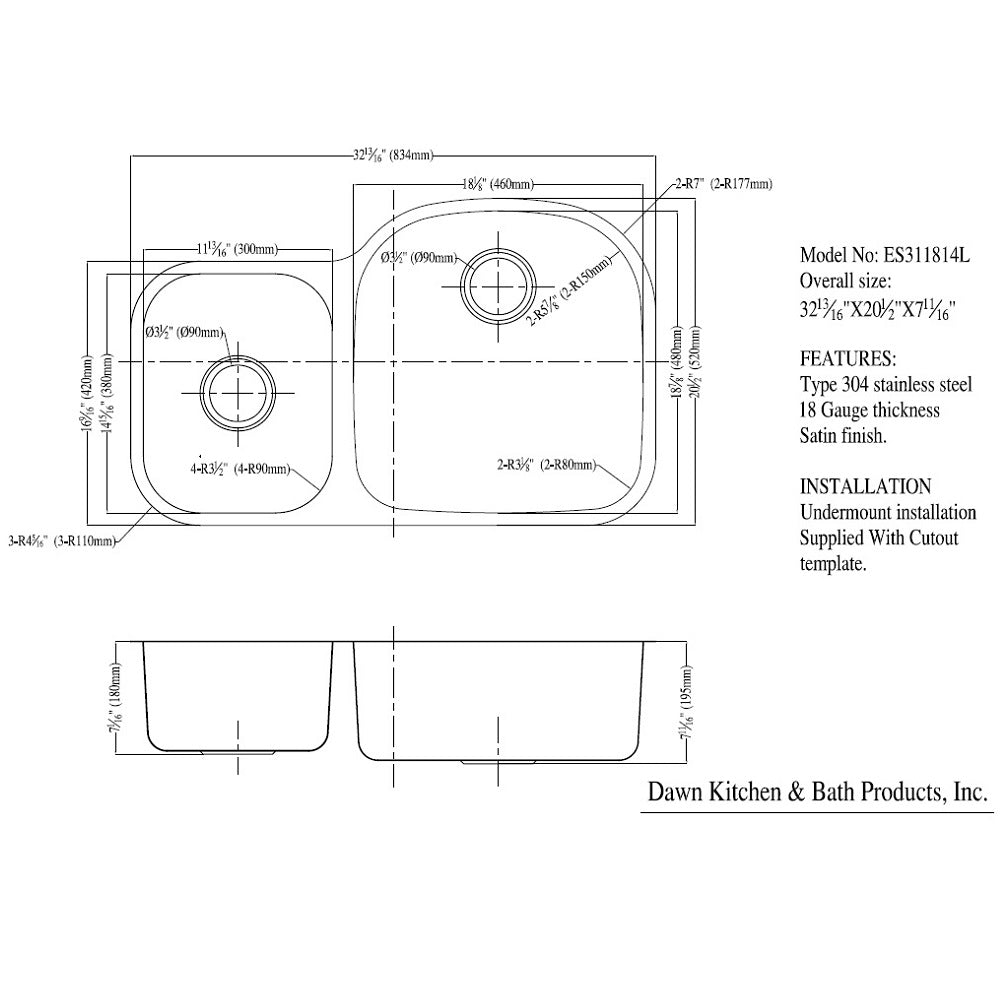 Daweier Undermount Double Bowl Sink (Small Bowl on Left) ES311814L