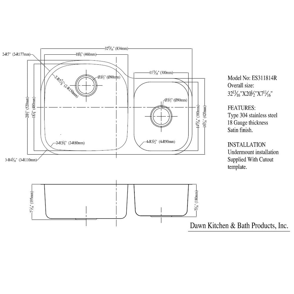 Daweier Undermount Double Bowl Sink (Small Bowl on Right) ES311814R