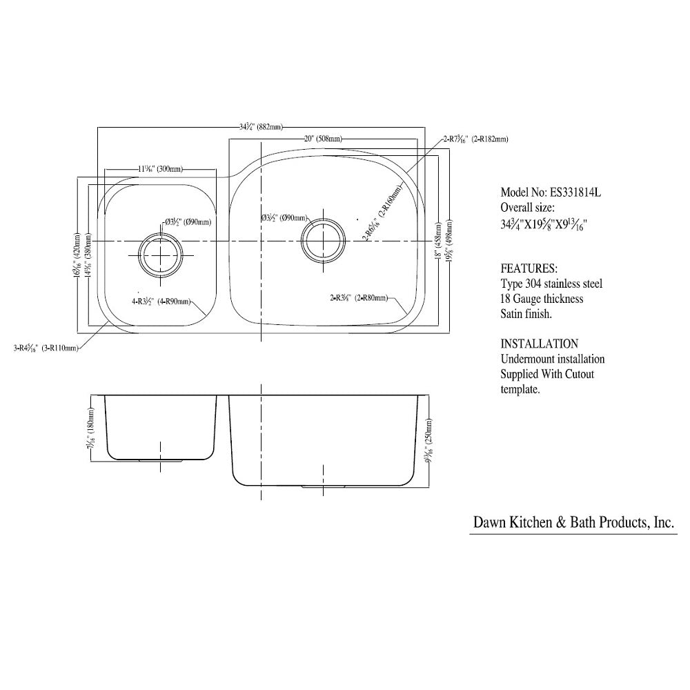 Daweier Undermount Double Bowl Sink (Small Bowl on Left) ES331814L