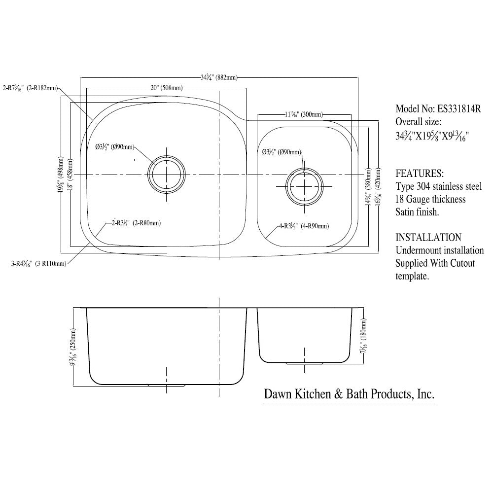 Daweier Undermount Double Bowl Sink (Small Bowl on Right) ES331814R