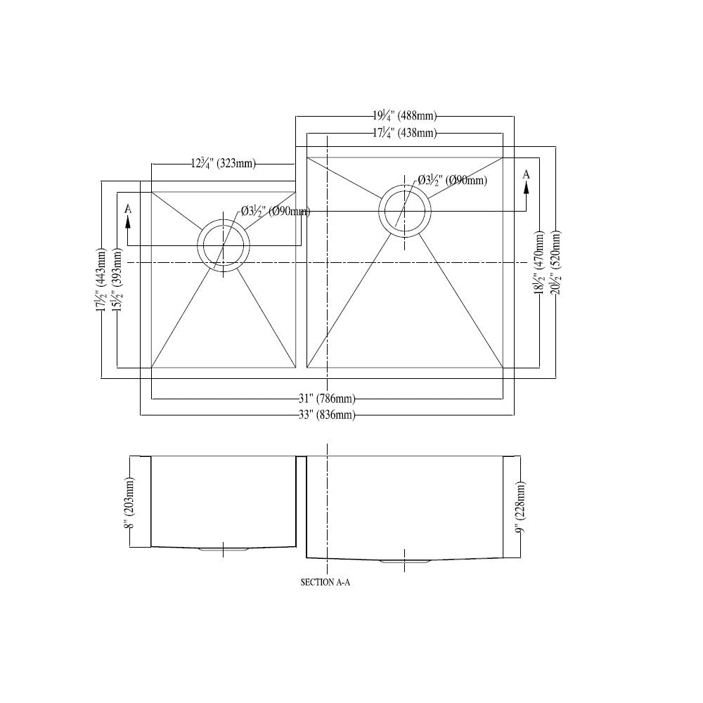 Daweier Undermount Double Bowl Square Sink (Small Bowl on Left) ESQ310809L
