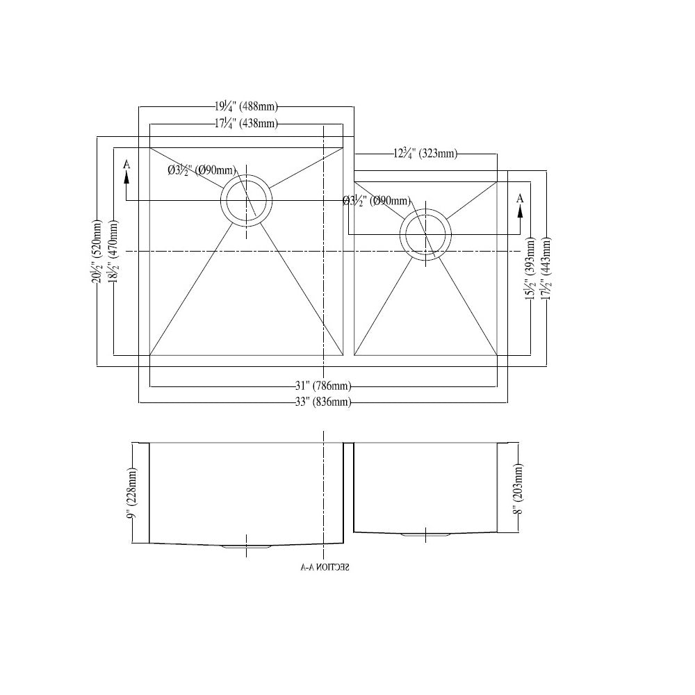 Daweier Undermount Double Bowl Square Sink (Small Bowl on Right) ESQ310809R