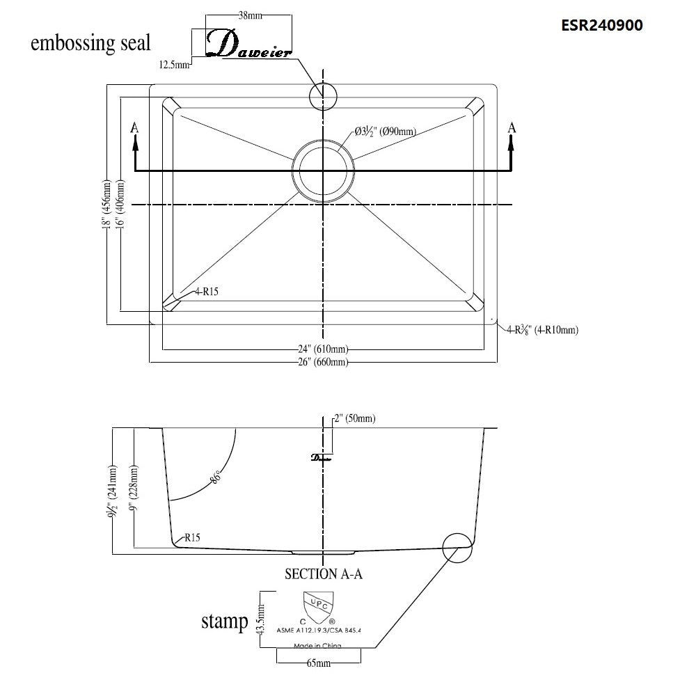 Daweier Undermount Single Bowl Small Radius Sink ESR240900