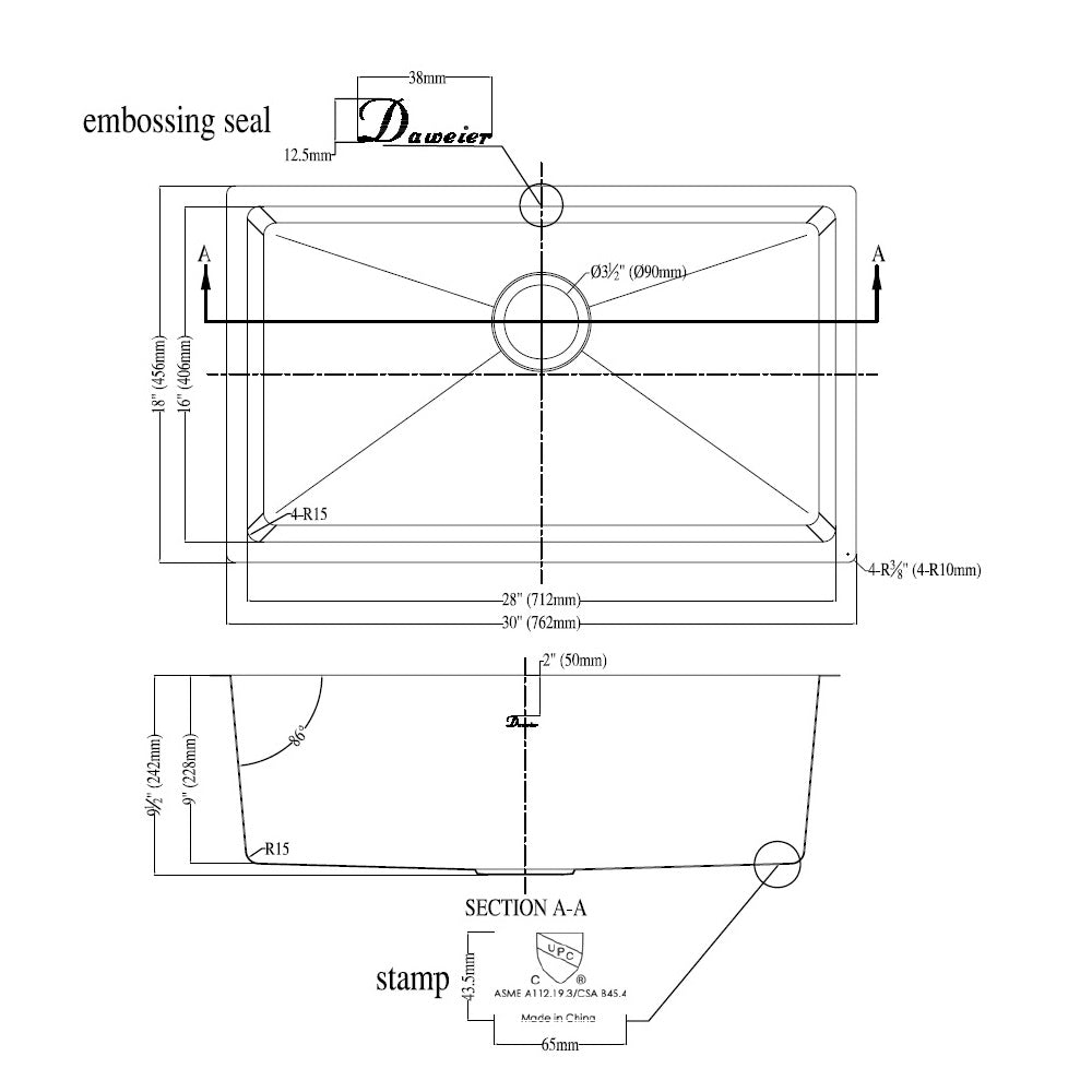 Daweier Undermount Single Bowl Small Radius Sink ESR280900