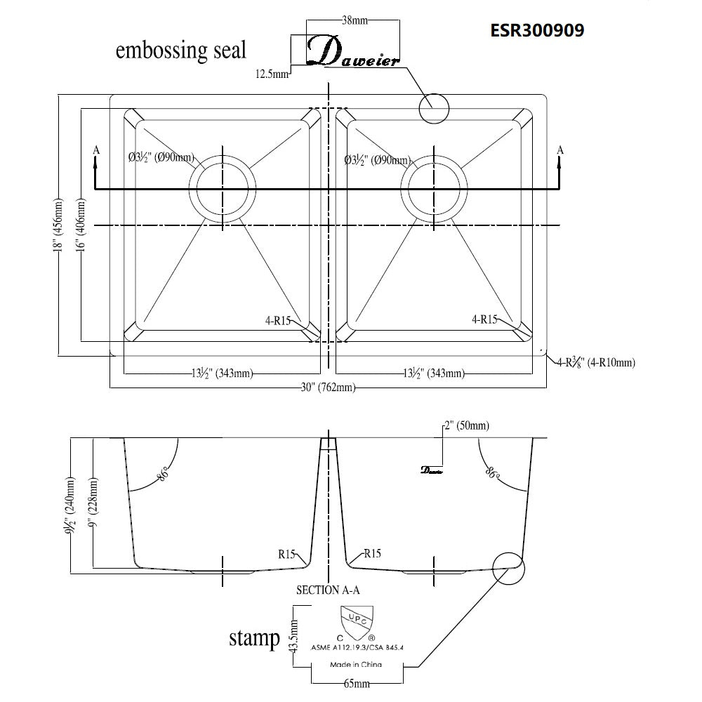 Daweier Undermount Double Bowl Small Radius Sink ESR300909