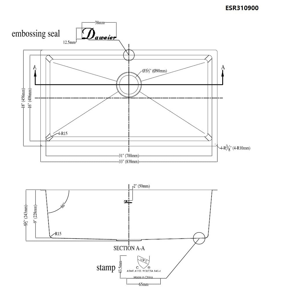 Daweier Undermount Single Bowl Small Radius Sink ESR310900