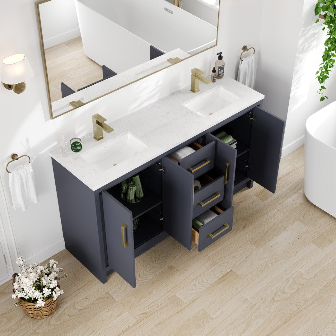 Eviva Curio Bath Vanity with Carrara Quartz Top and Undermount Porcelain Sink (24"-60")