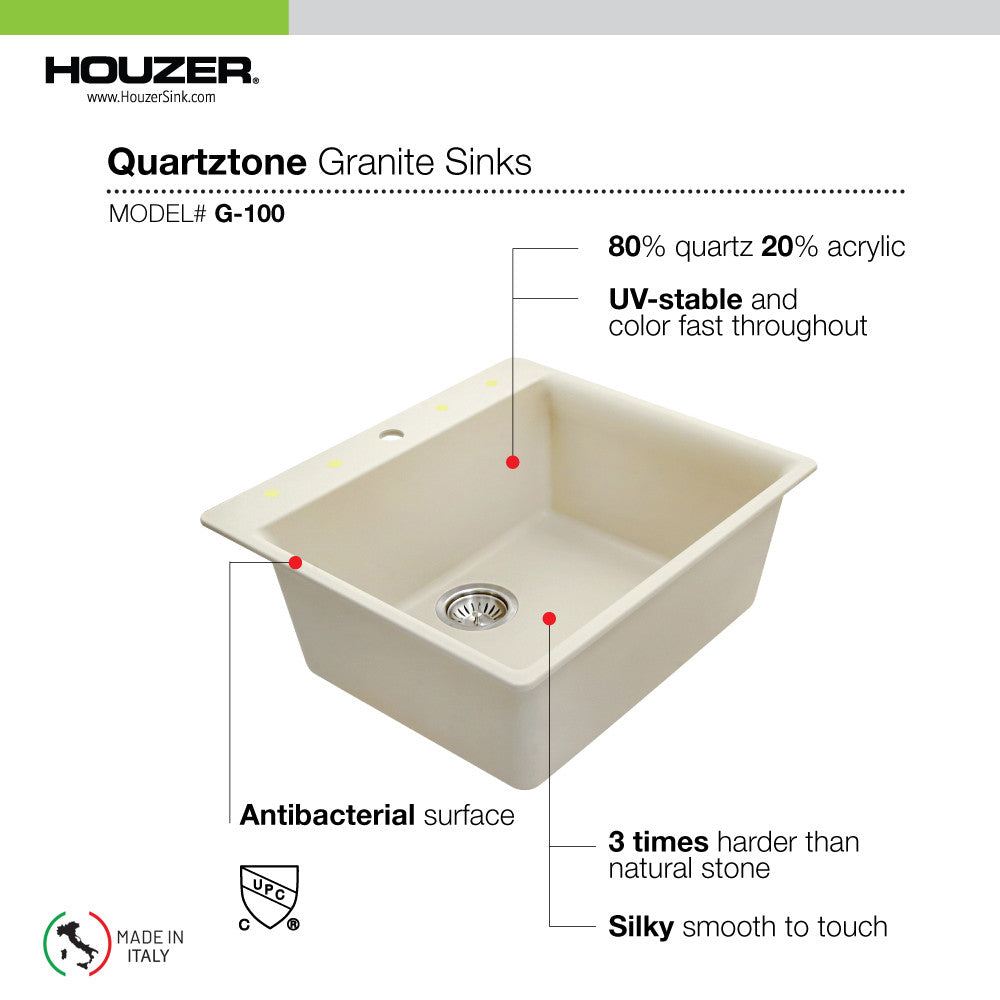 Houzer Cassiano 24 inch Granite Composite Drop-in Topmount Single Bowl Kitchen Sink - G-100