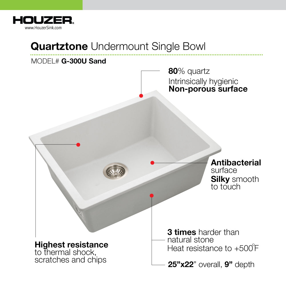 Houzer Quartztone 24" Granite Composite Undermount Single Bowl Kitchen Sink