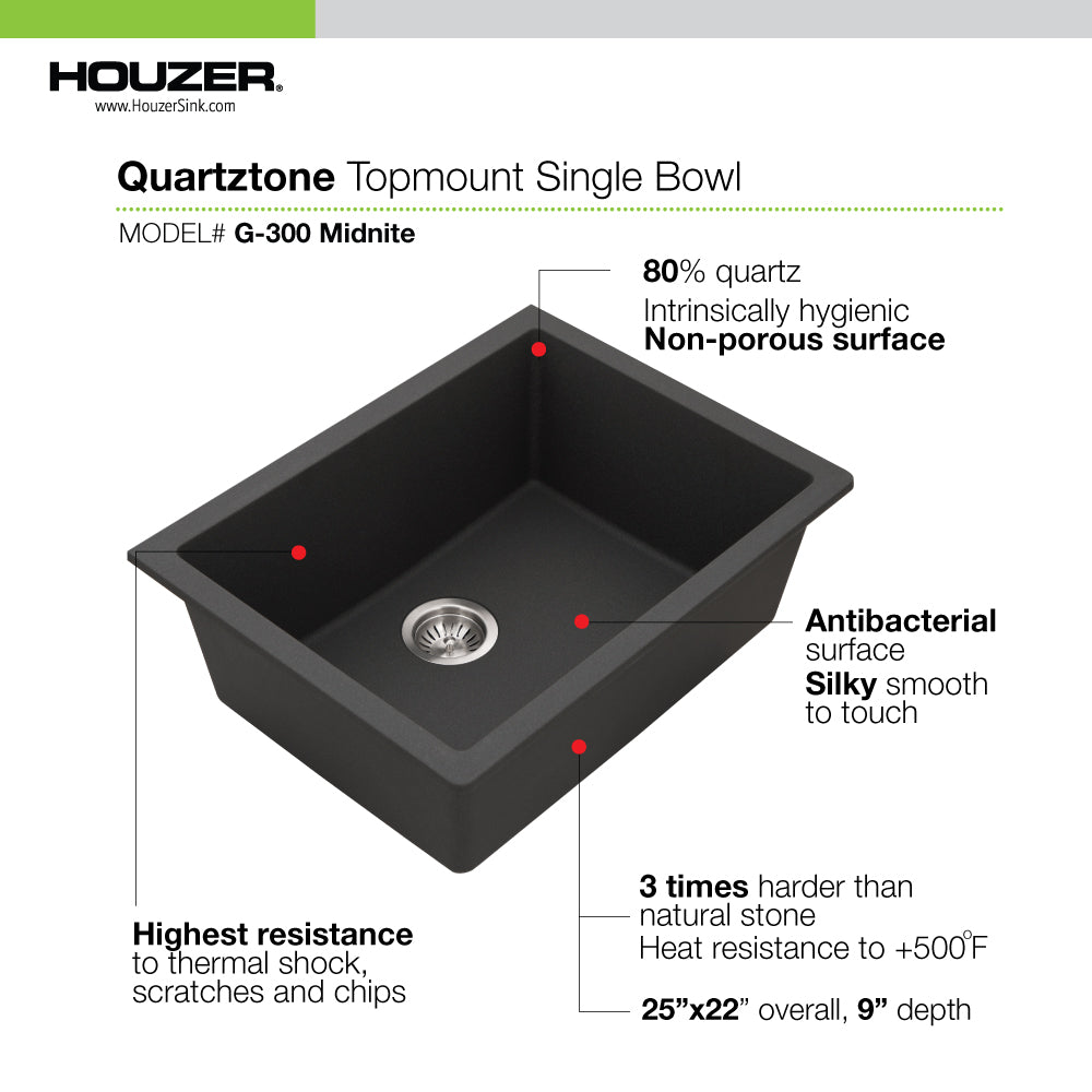 Houzer Quartztone 24" Granite Composite Undermount Single Bowl Kitchen Sink