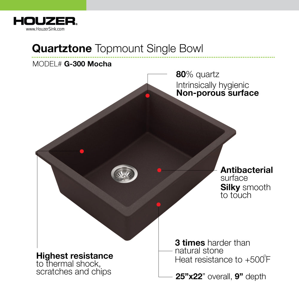 Houzer Quartztone 24" Granite Composite Undermount Single Bowl Kitchen Sink