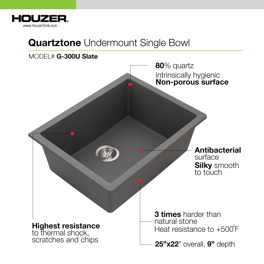 Houzer Quartztone 24" Granite Composite Undermount Single Bowl Kitchen Sink