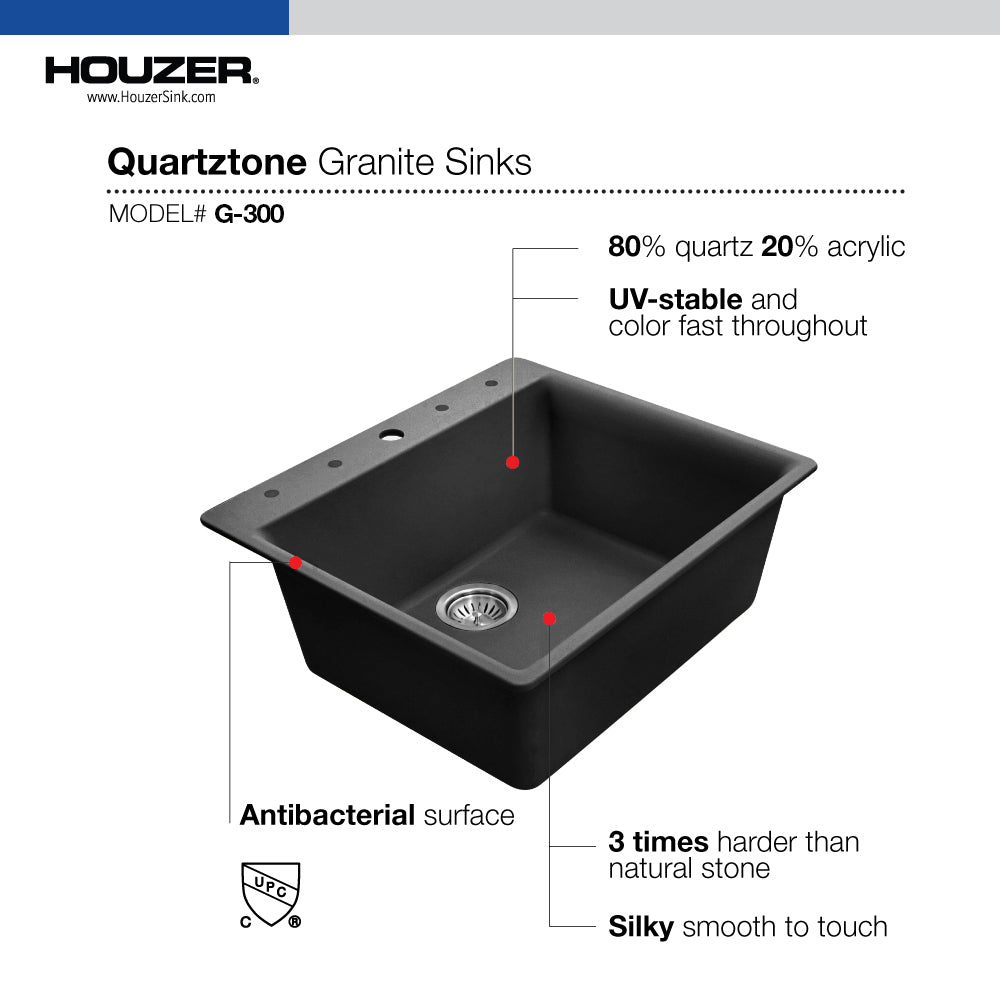 Houzer Quartztone 25" Granite Composite Drop-in Topmount Single Bowl Kitchen Sink