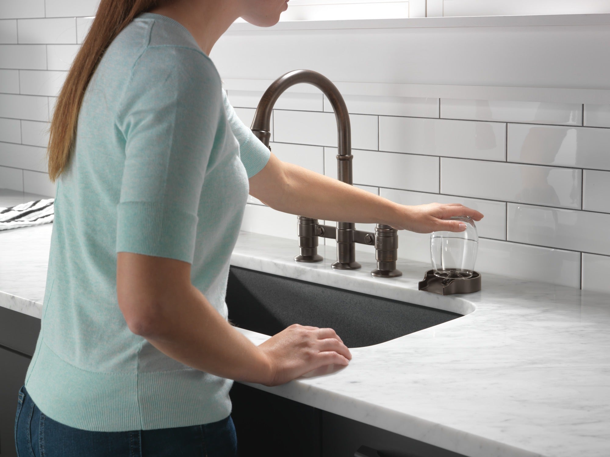 Delta Broderick® Two Handle Pull-Down Bridge Kitchen Faucet