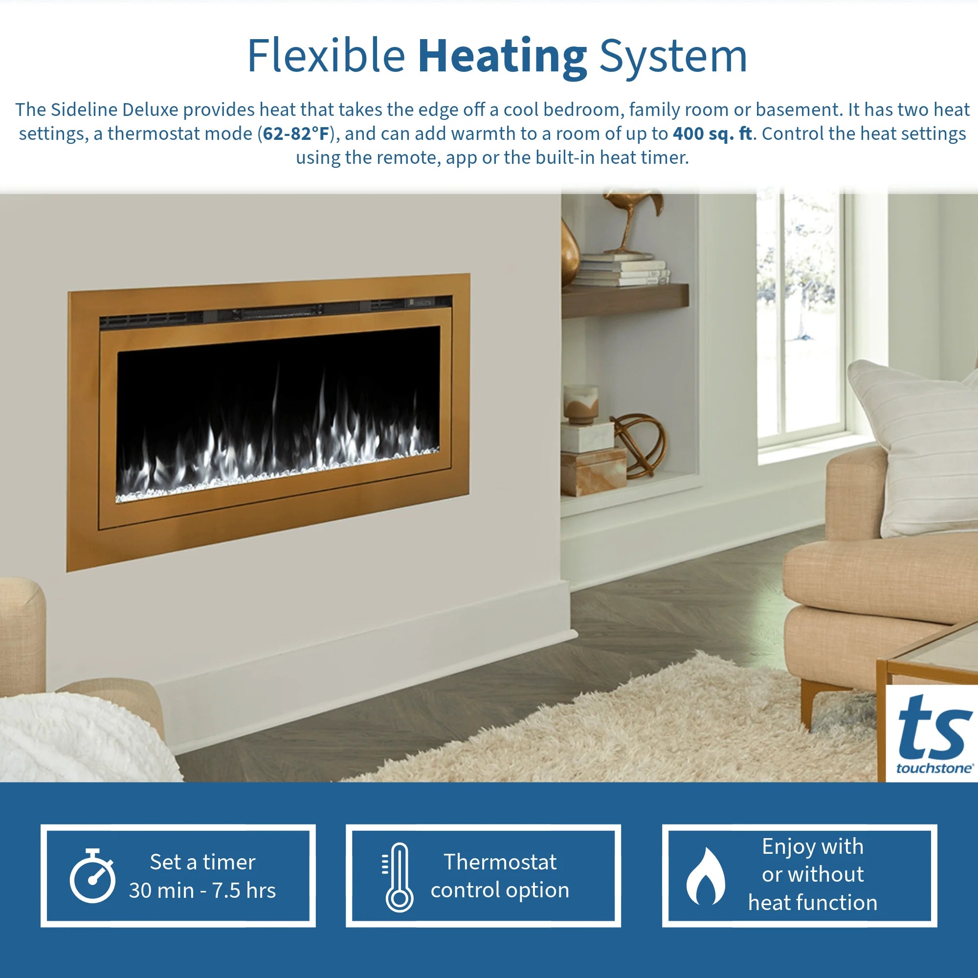 Touchstone Sideline Deluxe Gold 72″ Recessed Smart Electric Fireplace – 86278