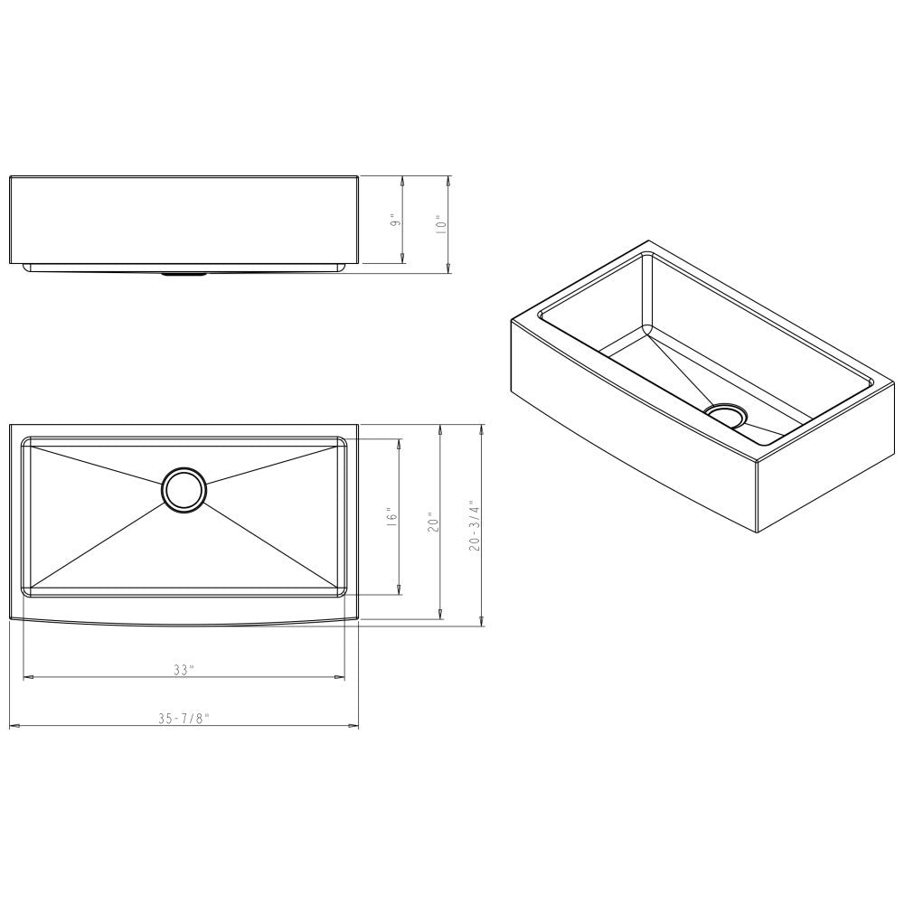 35-7/8" L x 20-3/4" W x 10" D Apron-front/Farmhouse 16 Gauge Stainless Steel Single Bowl Sink