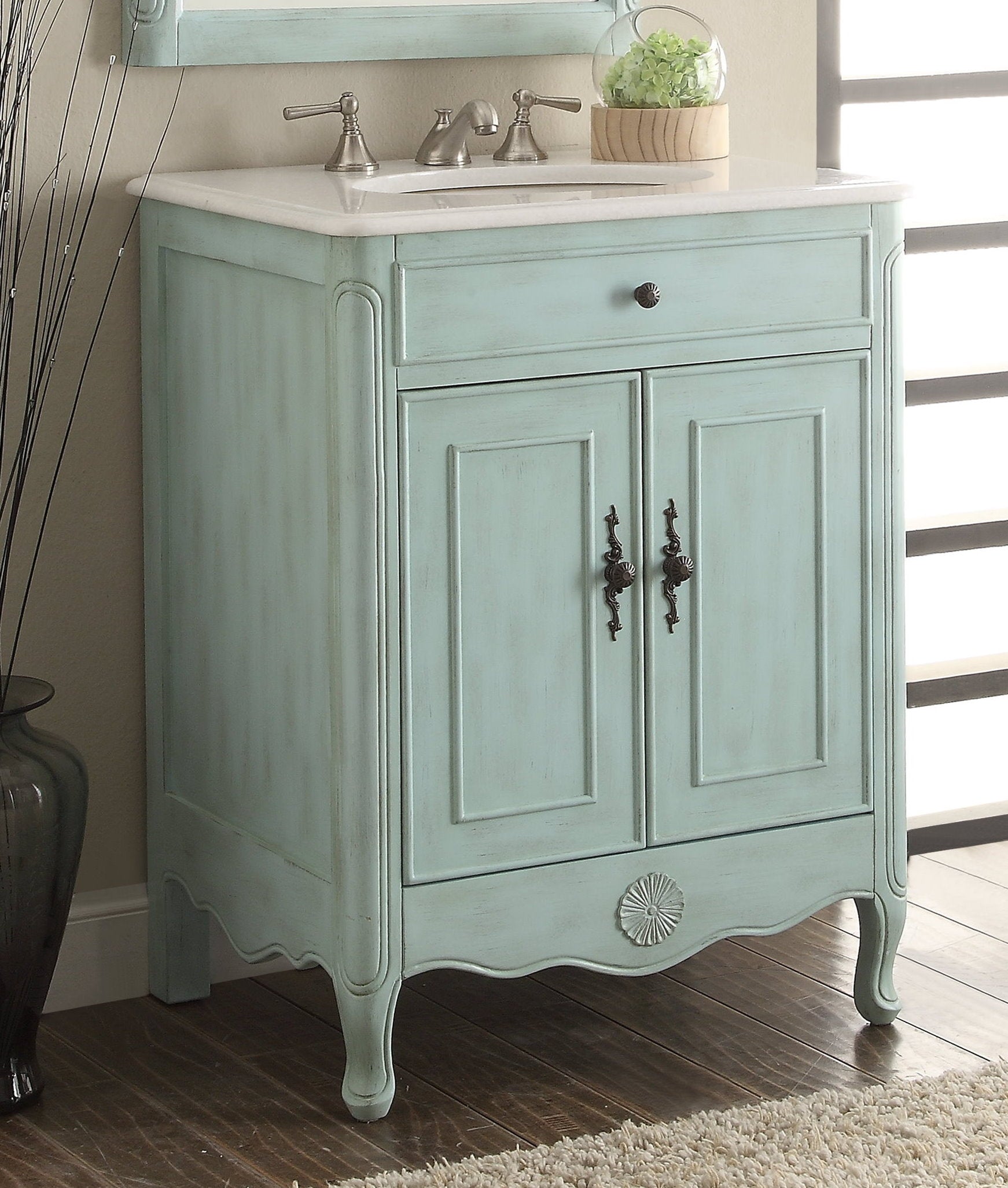 Chans Furniture 838LB 26 Inch Daleville Distressed Light Blue Cottage Style Small Bathroom Sink Vanity