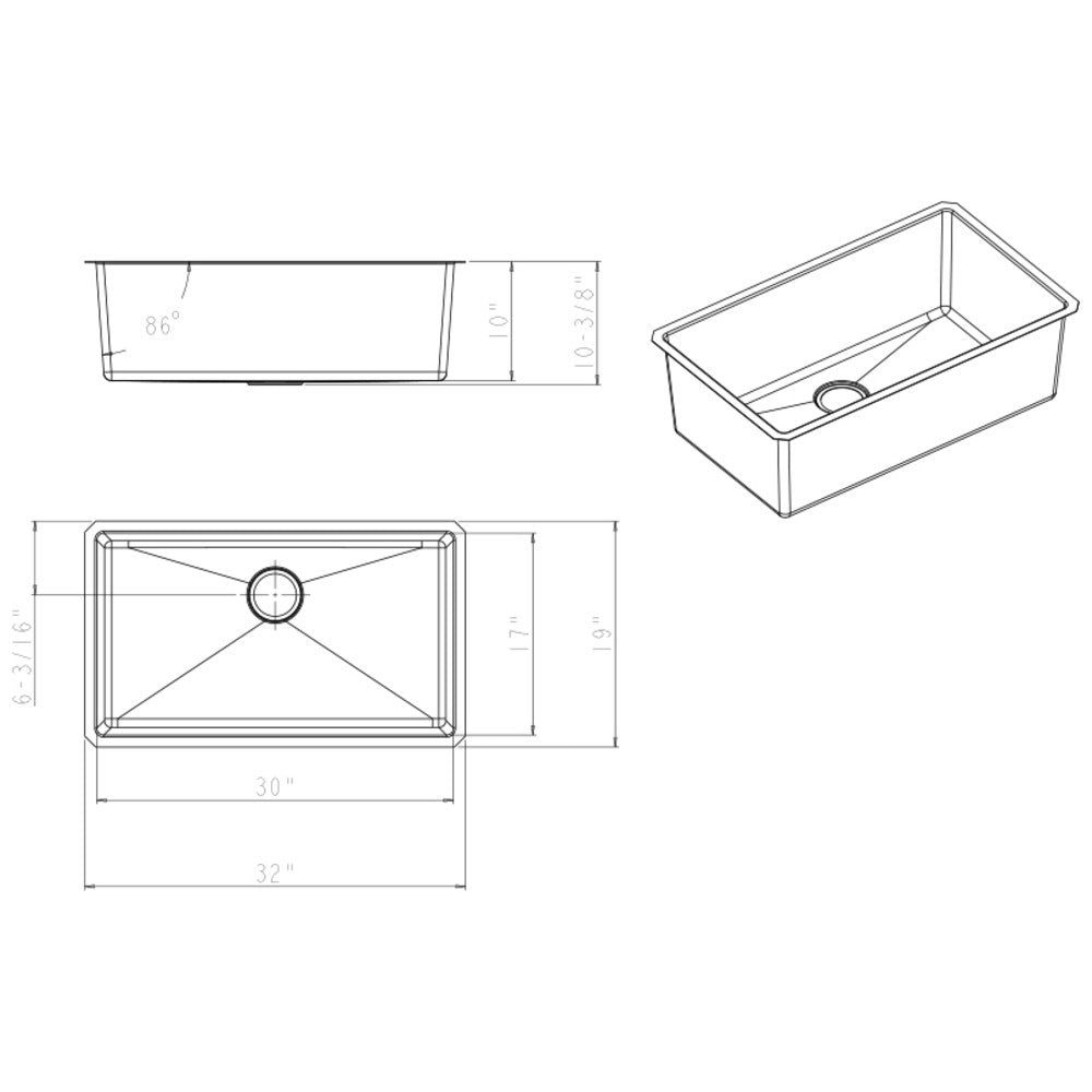 32" L x 19" W x 10" D Undermount 16 Gauge Stainless Steel Single Bowl Sink