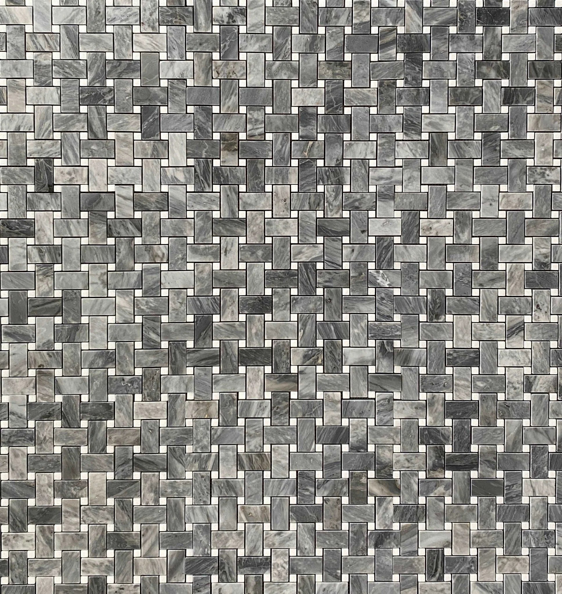 Bardiglio Marble Mosaic Polished Basketweave Thassos Dot 1x2
