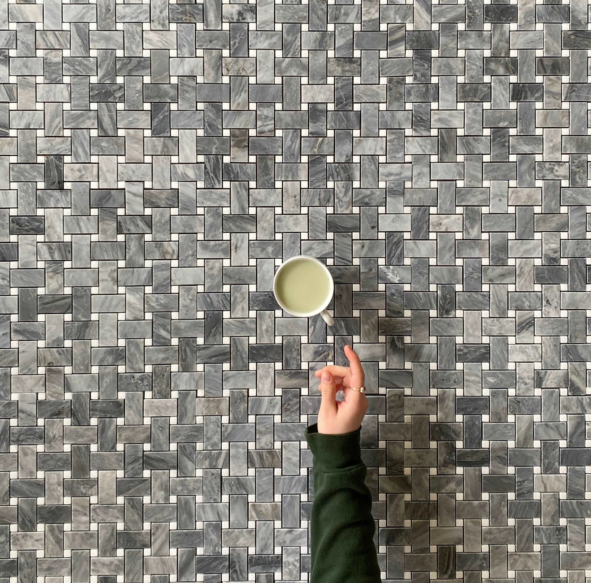 Bardiglio Marble Mosaic Polished Basketweave Thassos Dot 1x2