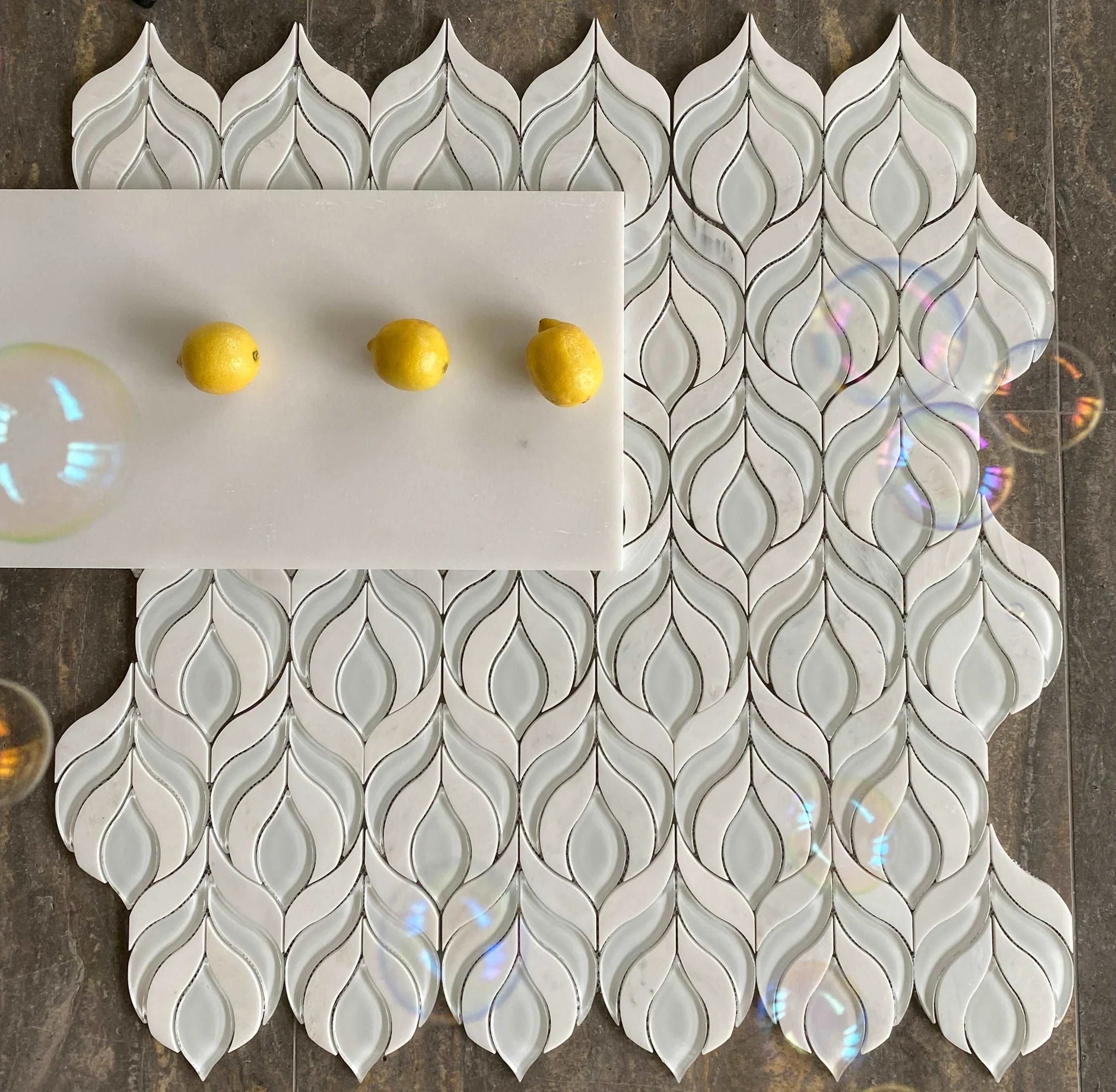 Botanica Waterjet Mosaic Arabescato and White Glass Clear