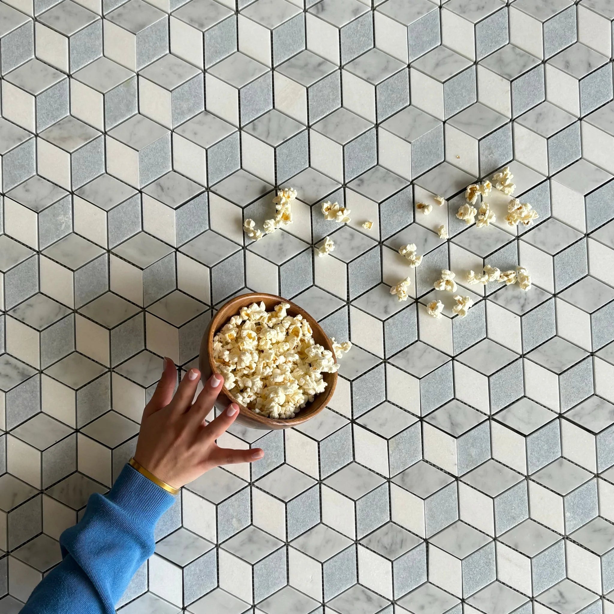 Blue Celeste, Thassos and Carrara Polished Rhombus Mosaic Marble