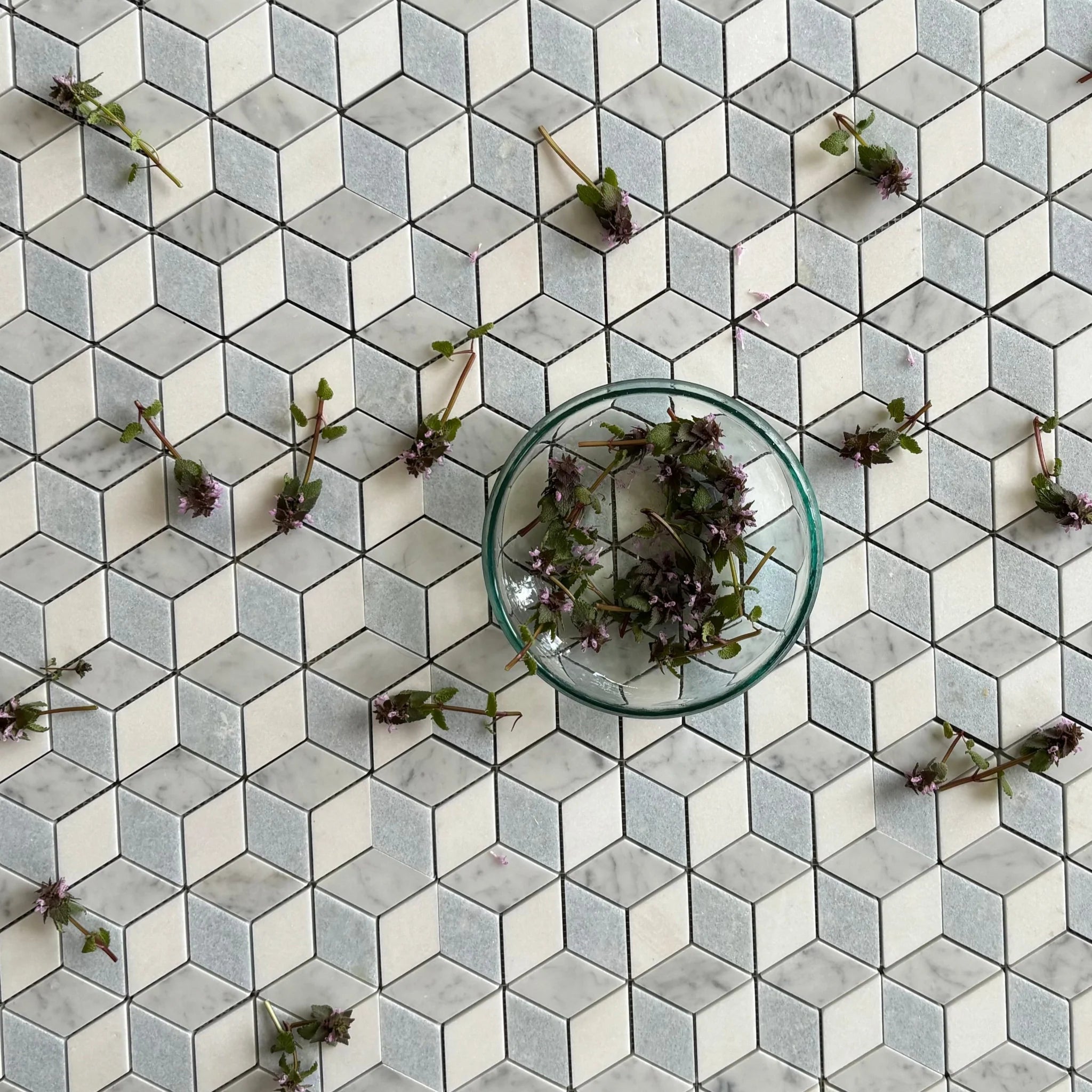 RHOMBUS THASSOS & WHITE CARRARA & BLUE CELESTE MARBLE MOSAIC POLISHED