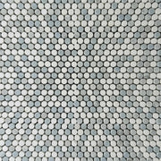 Blue Celeste, White Thassos & Bianco Carrara Mix Penny Round Marble Mosaic