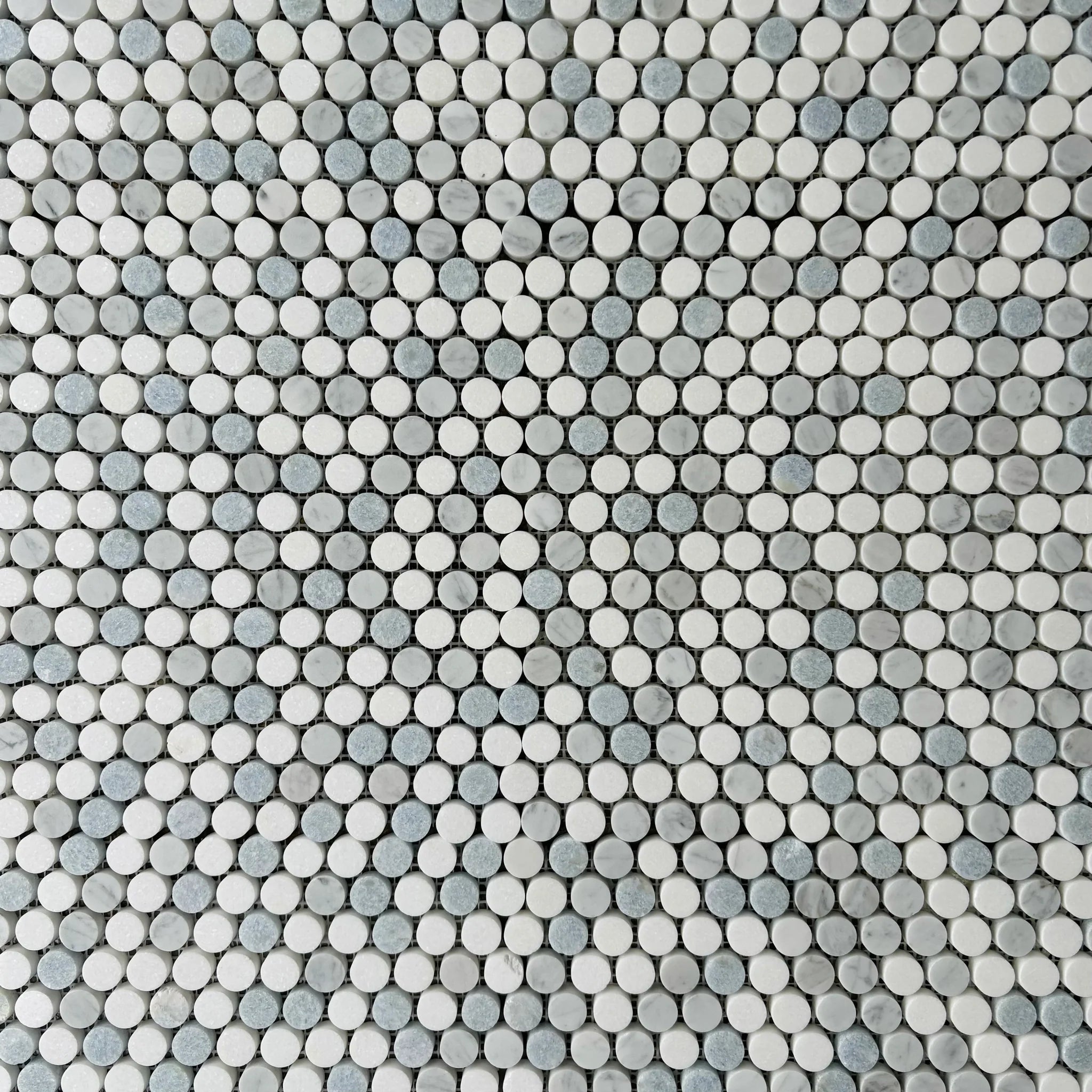 Blue Celeste, White Thassos & Bianco Carrara Mix Penny Round Marble Mosaic