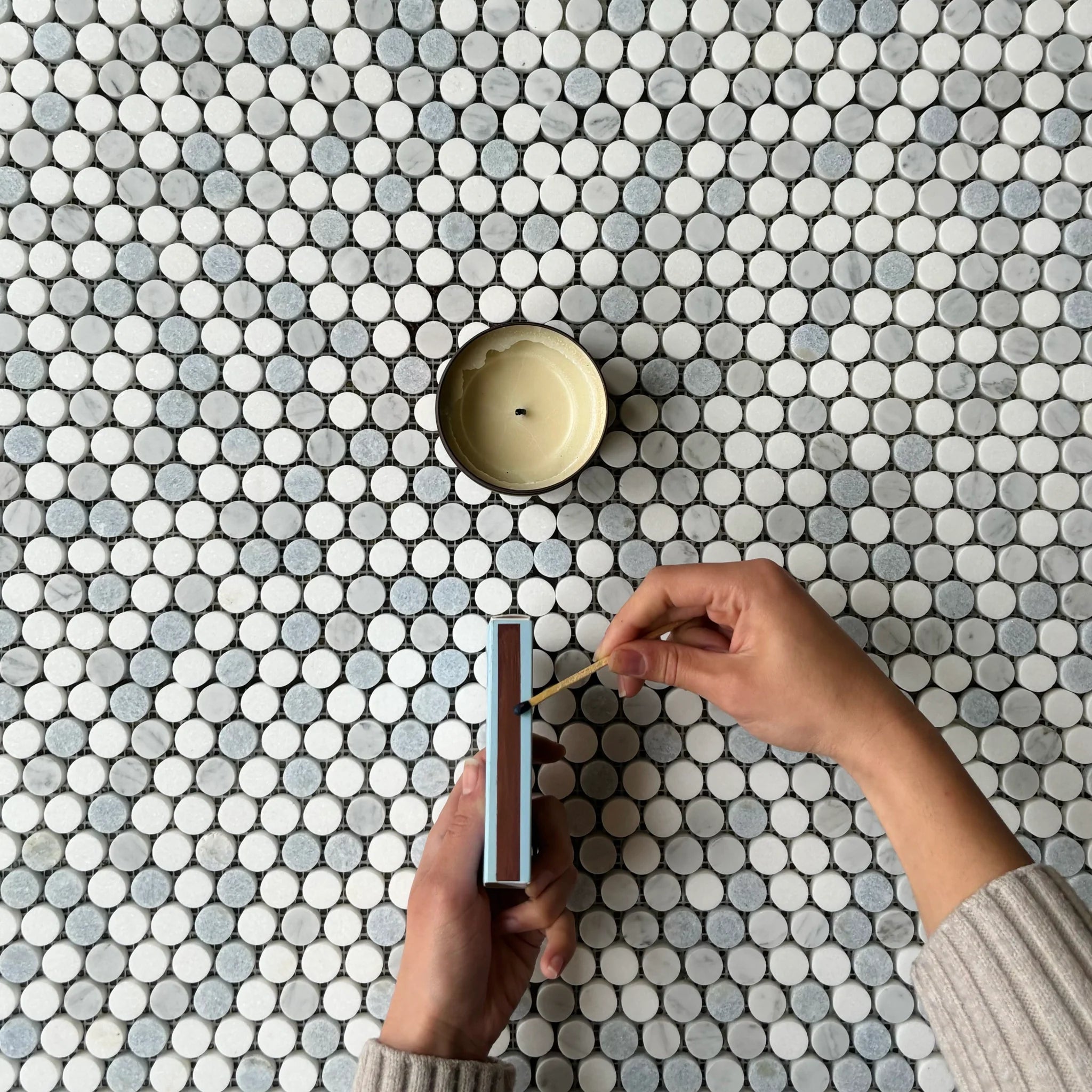 Blue Celeste, White Thassos & Bianco Carrara Mix Penny Round Marble Mosaic
