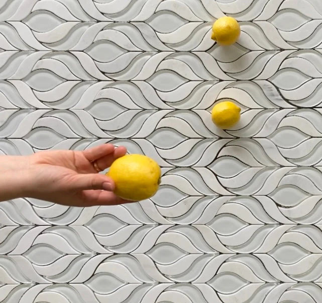 Botanica Waterjet Mosaic Arabescato and White Glass Clear