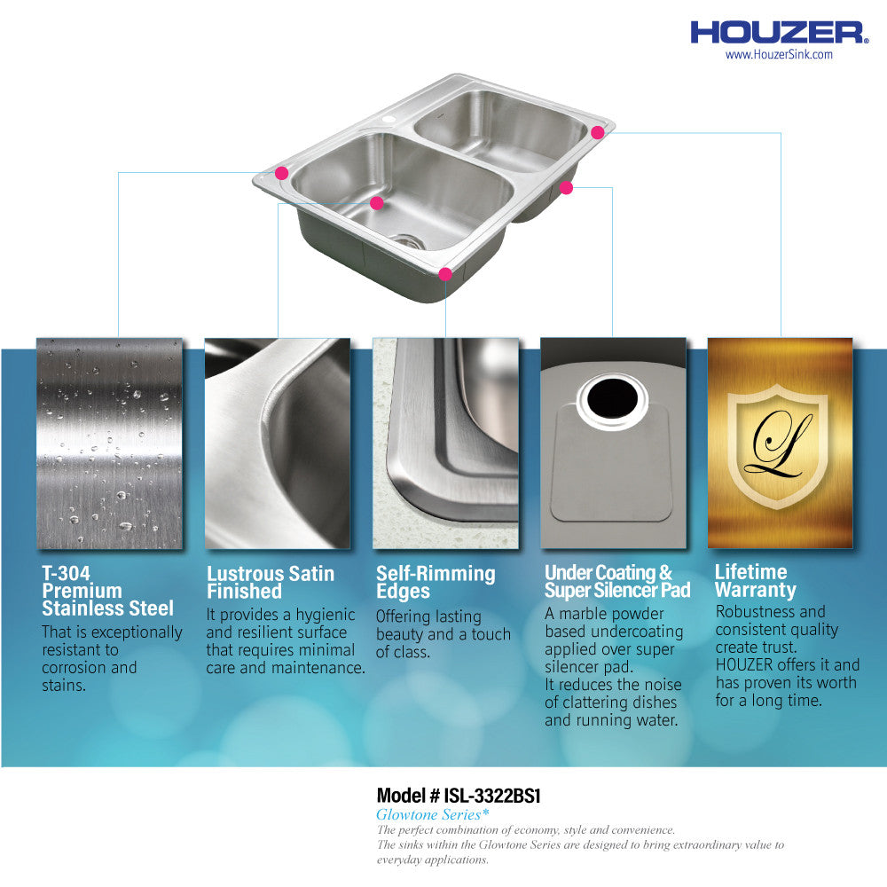 Houzer Glowtone 33 inch Stainless Steel Drop-in Topmount 1-hole 60/40 Double Bowl  Kitchen Sink - ISL-3322BS1