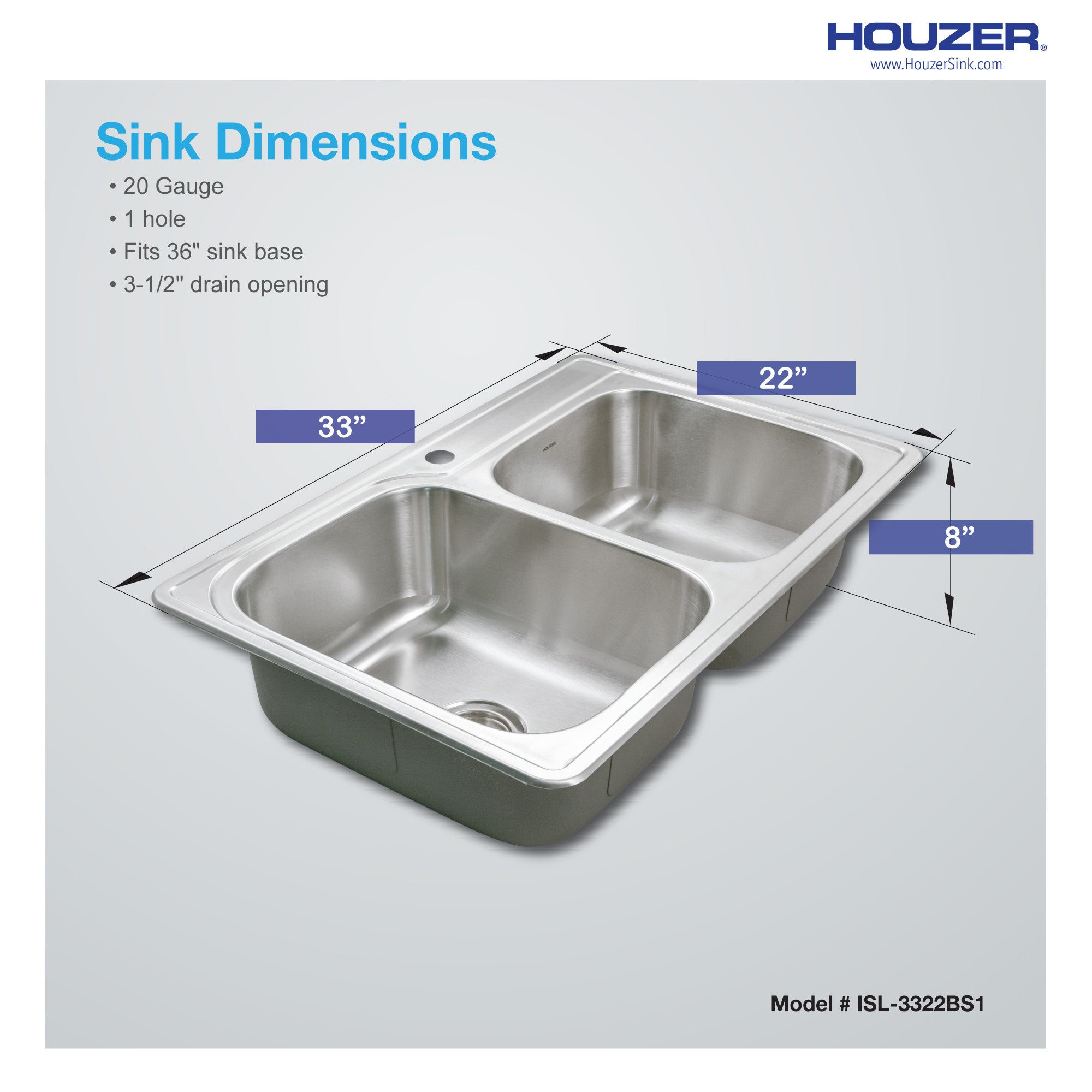 Houzer Glowtone 33 inch Stainless Steel Drop-in Topmount 1-hole 60/40 Double Bowl  Kitchen Sink - ISL-3322BS1