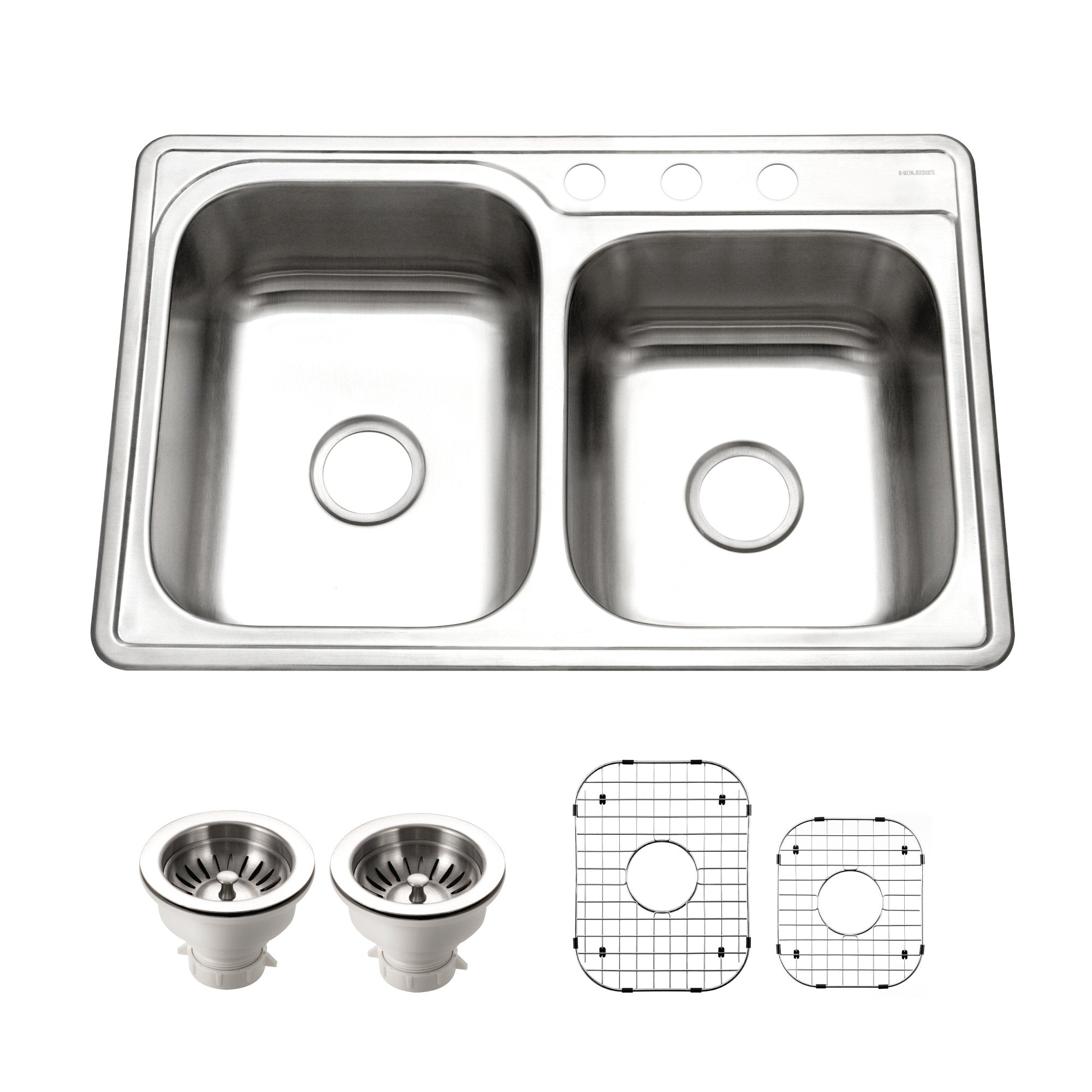 Houzer Glowtone 33 inch Stainless Steel Drop-in Topmount 3-hole 60/40 Double Bowl Kitchen Sink - ISL-3322BS3