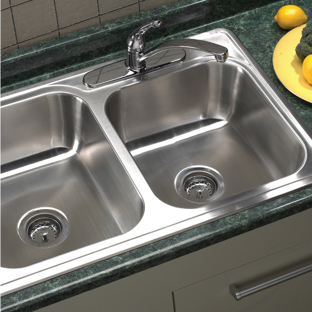 Houzer Glowtone 33 inch Stainless Steel Drop-in Topmount 3-hole 60/40 Double Bowl Kitchen Sink - ISL-3322BS3