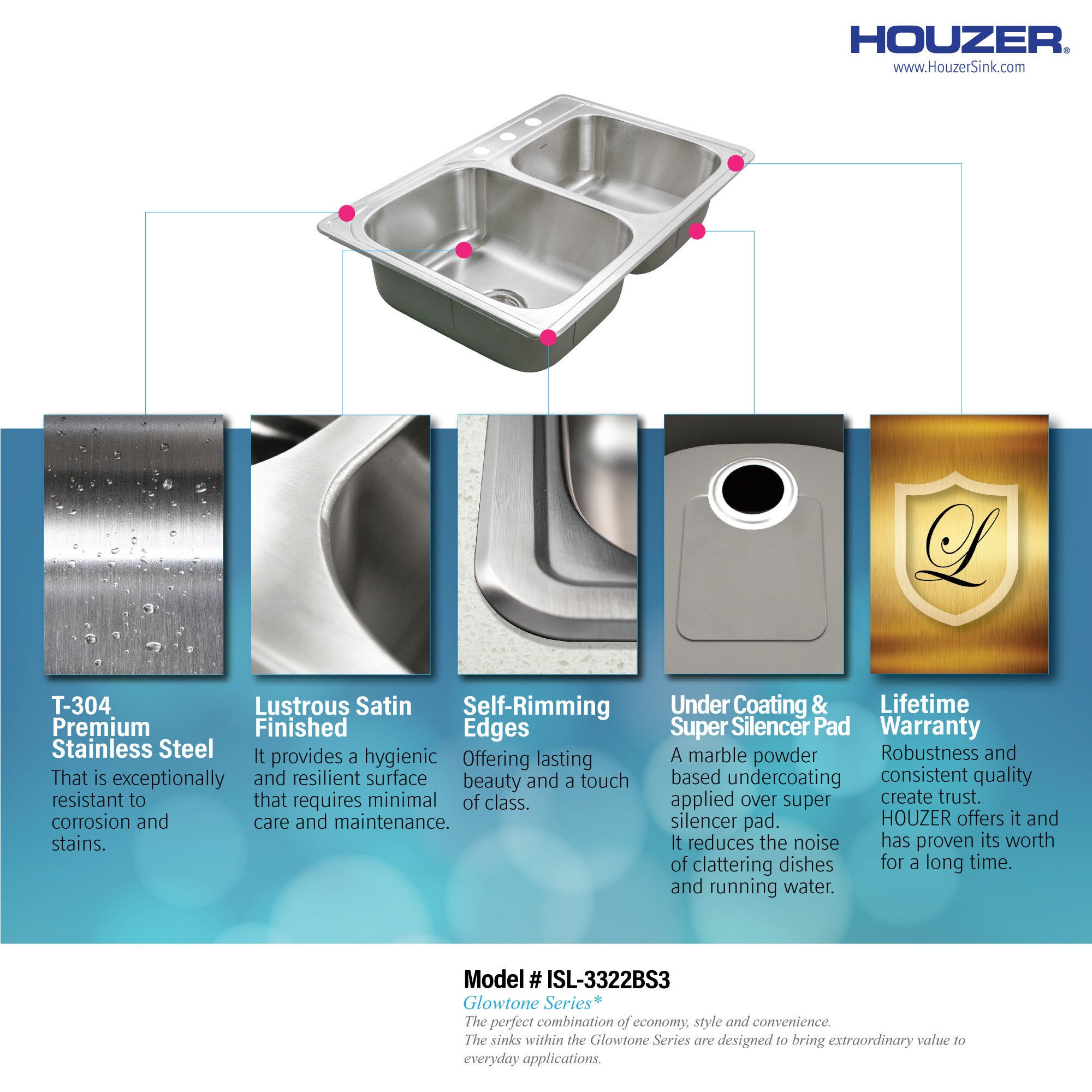 Houzer Glowtone 33 inch Stainless Steel Drop-in Topmount 3-hole 60/40 Double Bowl Kitchen Sink - ISL-3322BS3