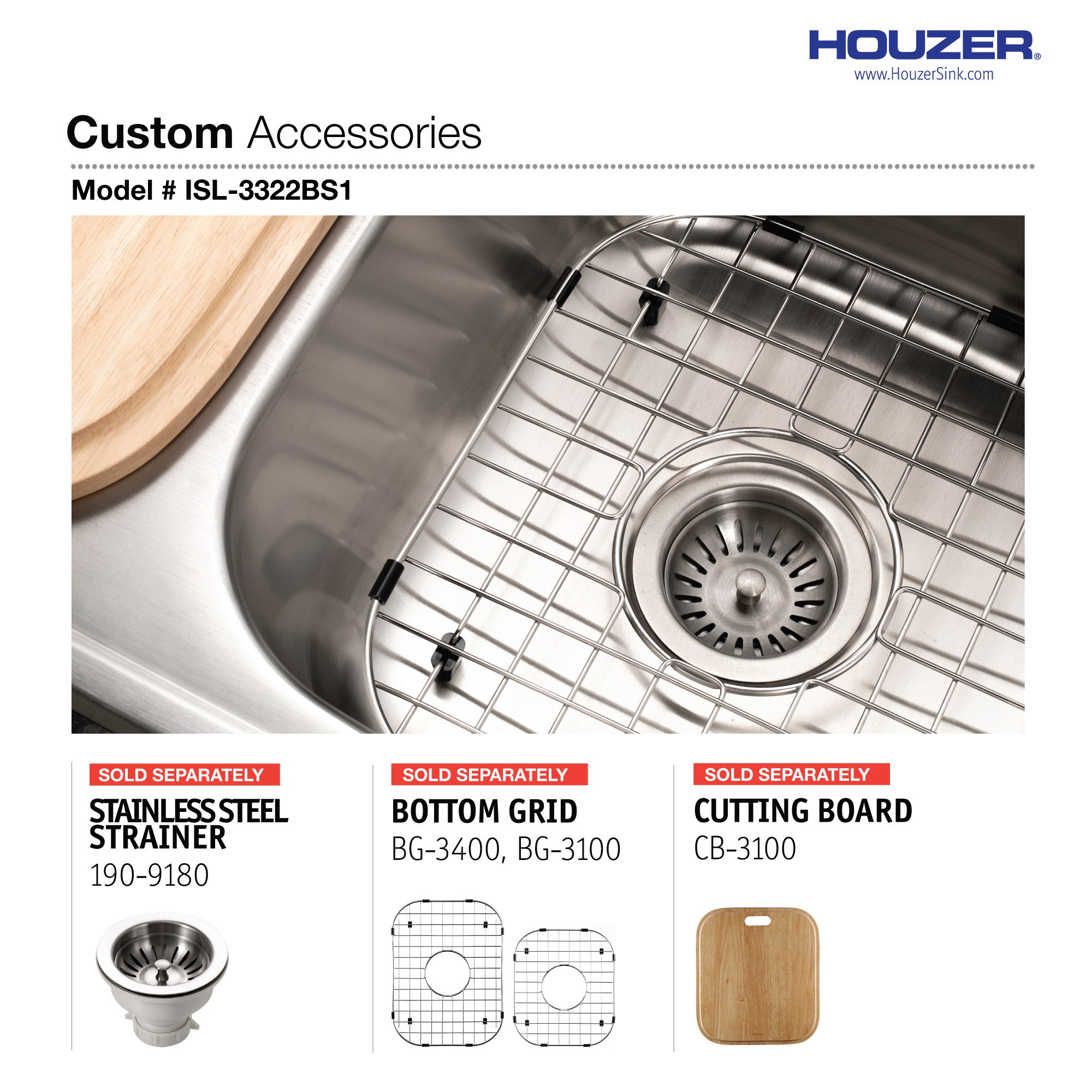 Houzer Glowtone 33 inch Stainless Steel Drop-in Topmount 3-hole 60/40 Double Bowl Kitchen Sink - ISL-3322BS3