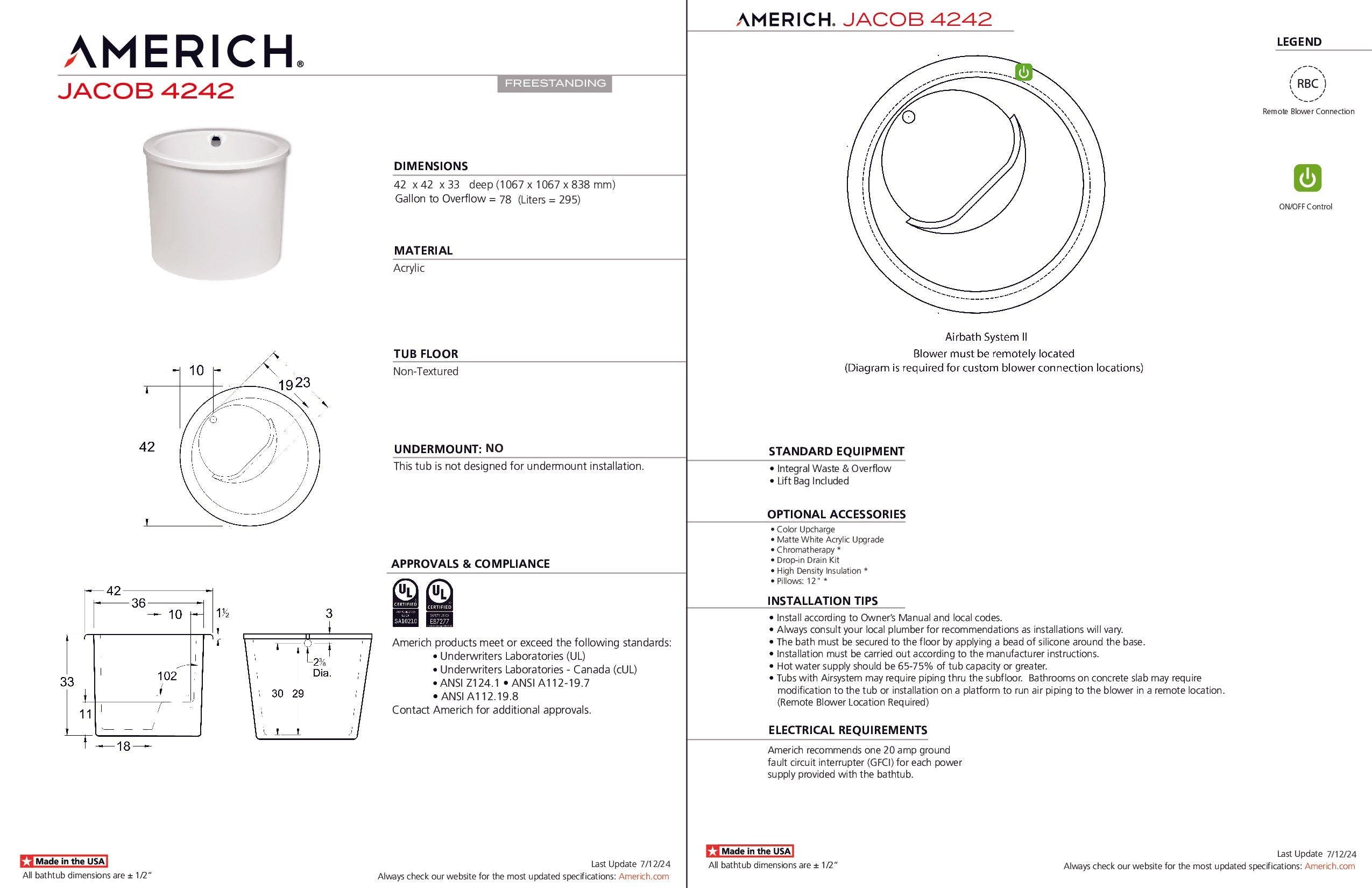 Americh Jacob 4242 - Tub Only 2pc Freestanding Bathtub JC4242T-WH