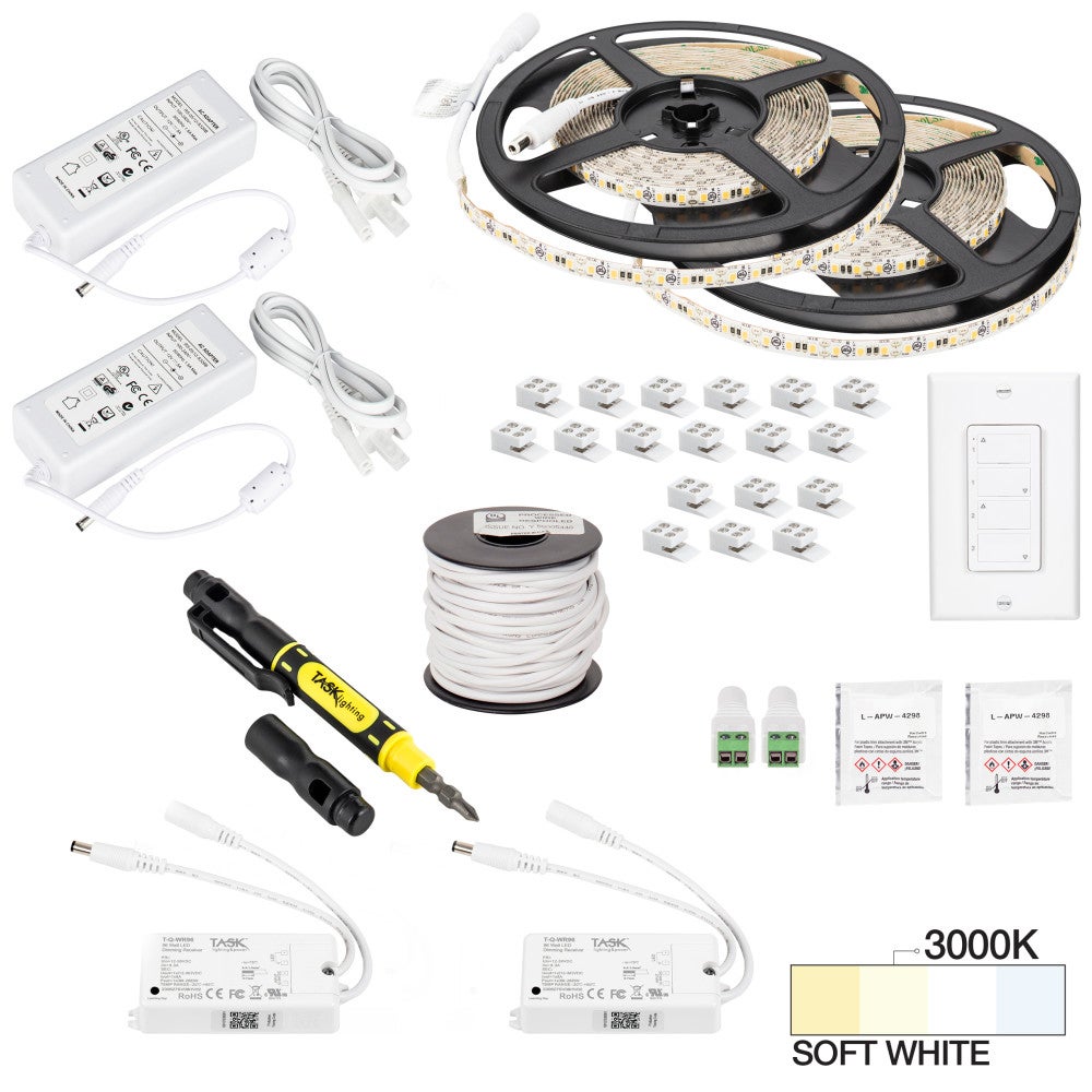 Hardware Resources 32 Ft.. 225 Lumens/Ft. 12-volt Standard Output Duo Wireless Controller Tape Light Kit, 2 Zone 2 Area, Single-White