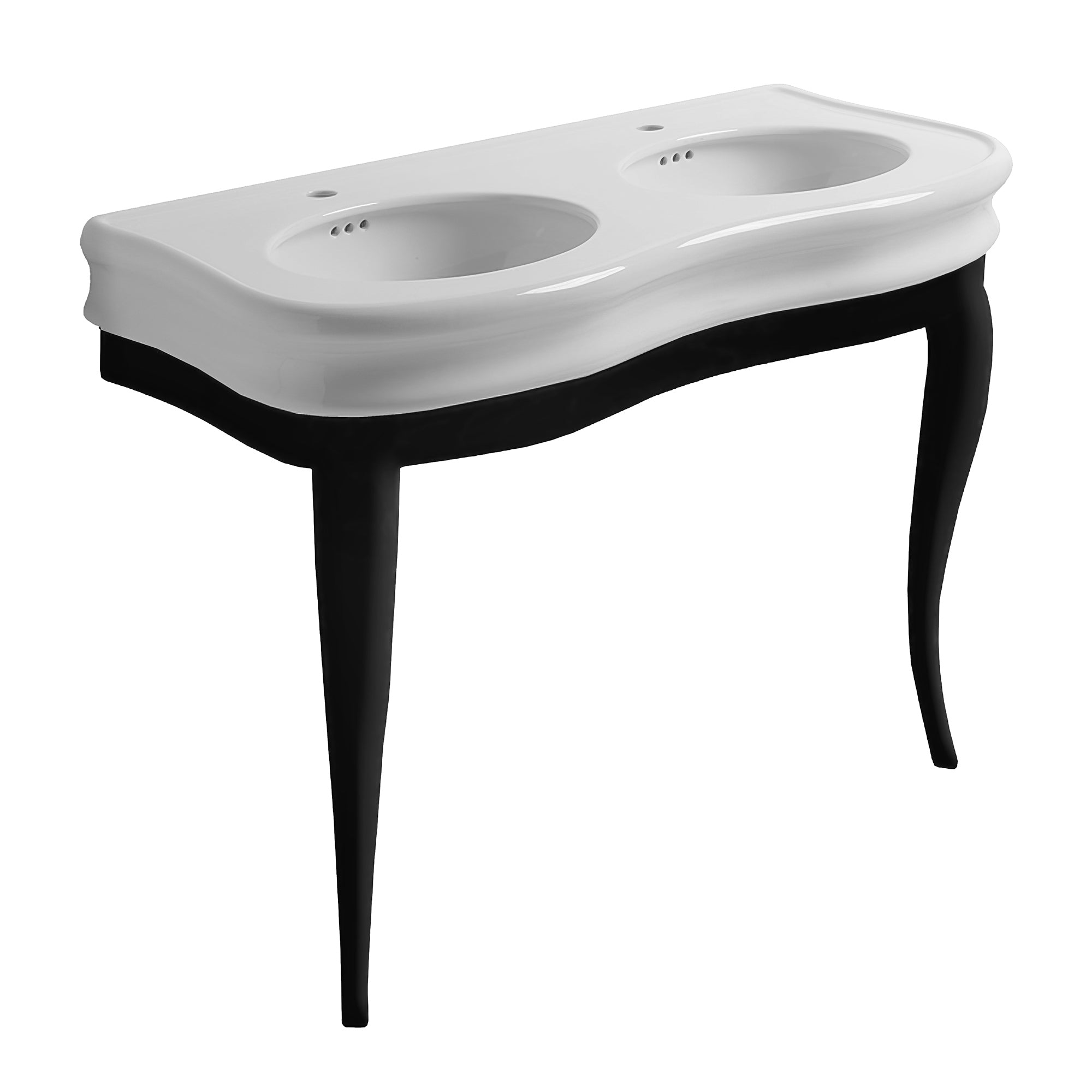 Isabella Collection Large Console with integrated oval bowls, Overflow and Black Wooden Leg Support