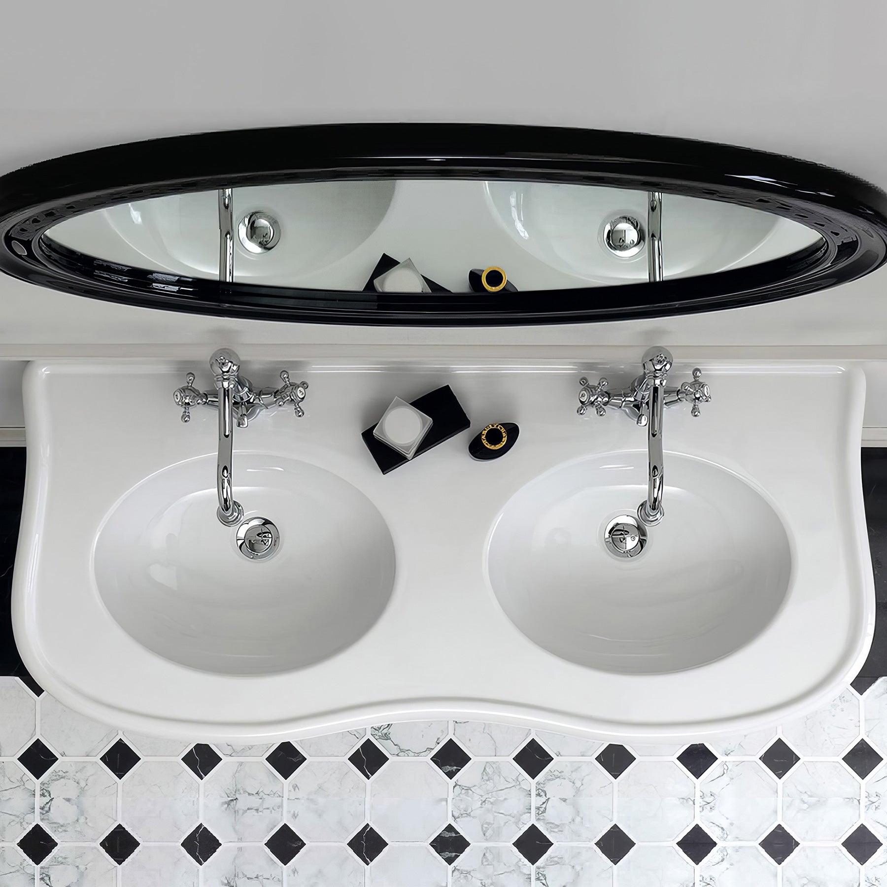Isabella Collection Large Console with integrated oval bowls, Overflow and Black Wooden Leg Support