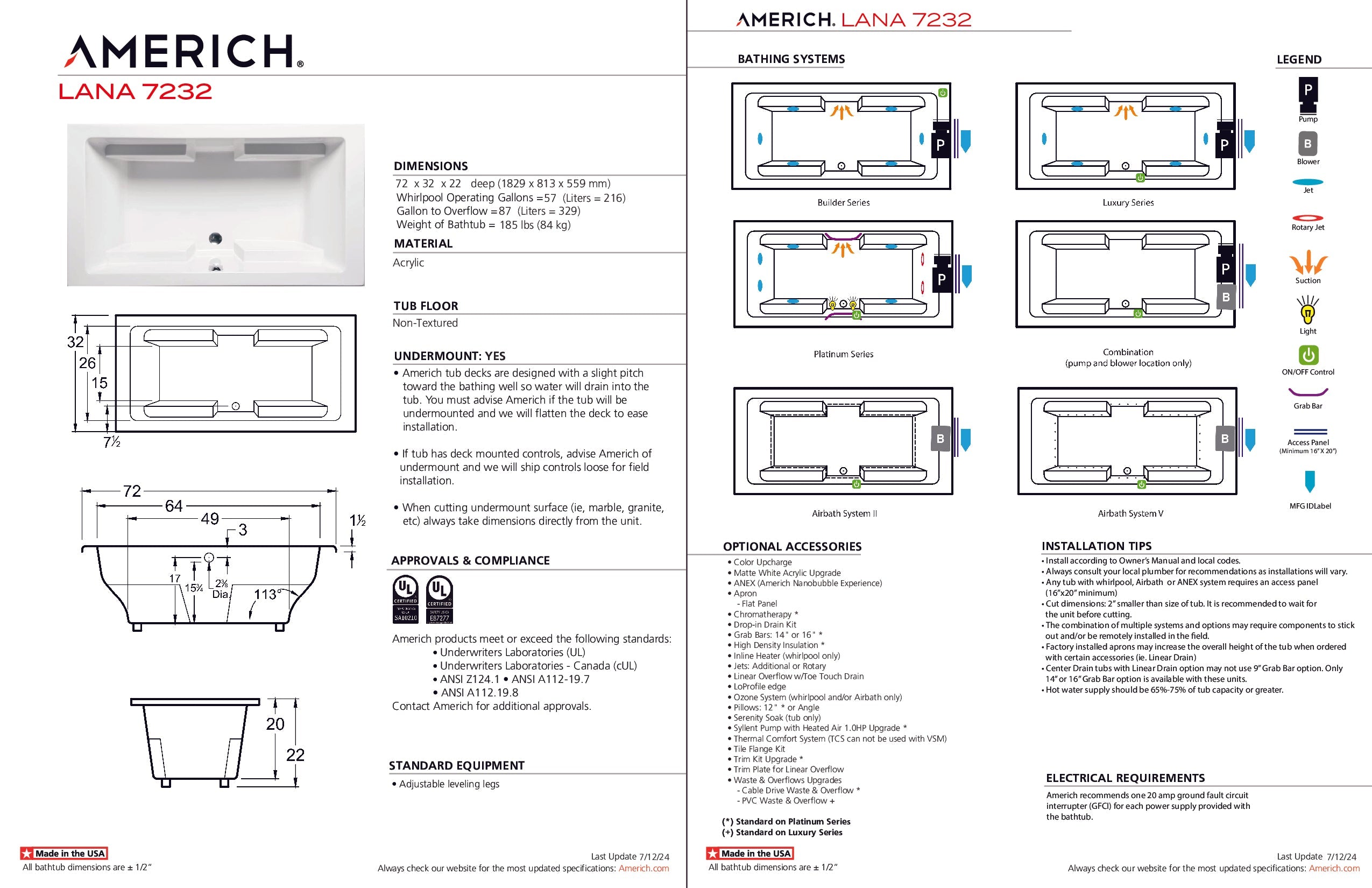 Americh Lana 7232 - Builder Series Drop-in Bathtub LA7232B-WH