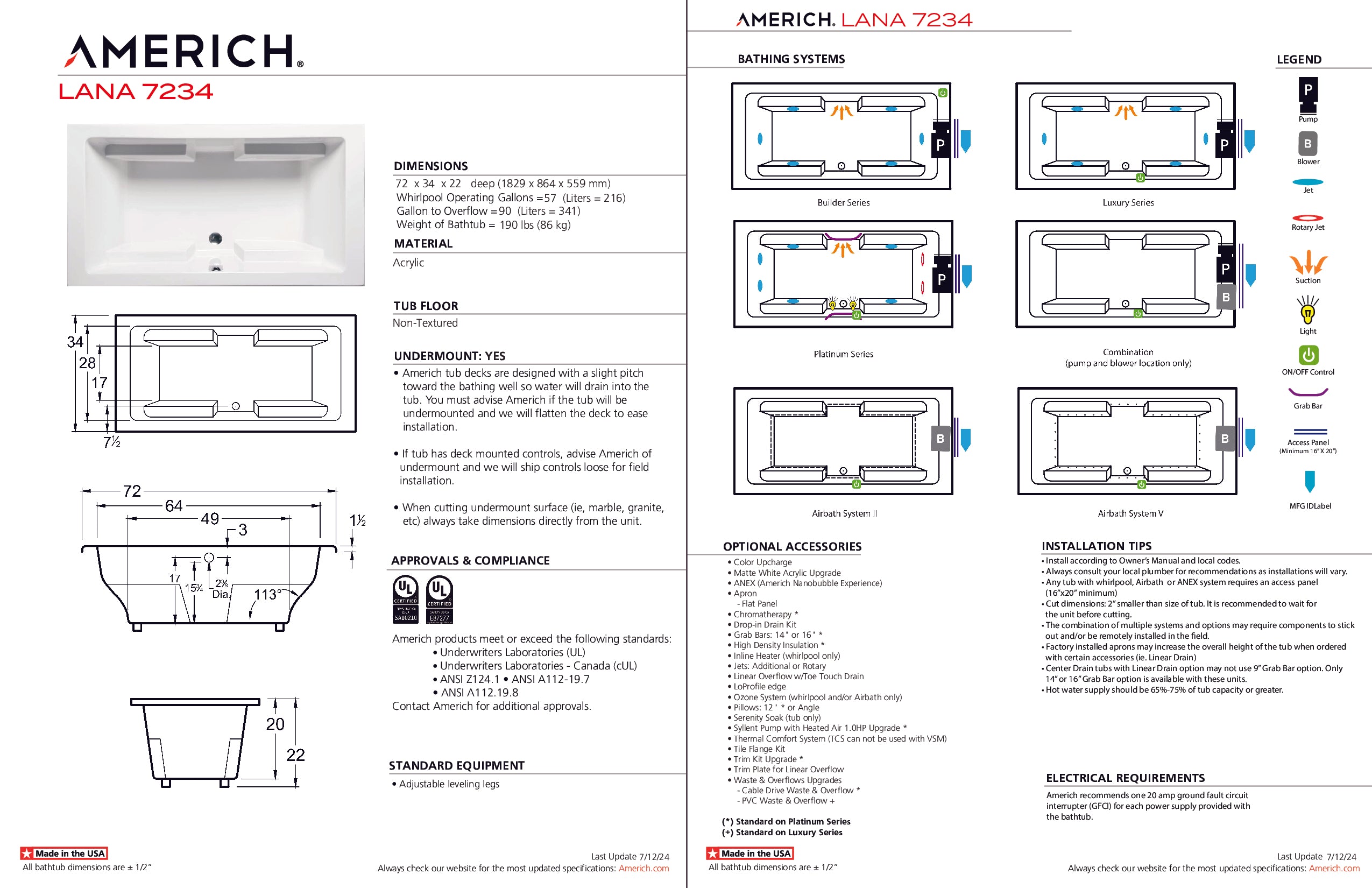 Americh Lana 7234 - Builder Series Drop-in Bathtub LA7234B-WH