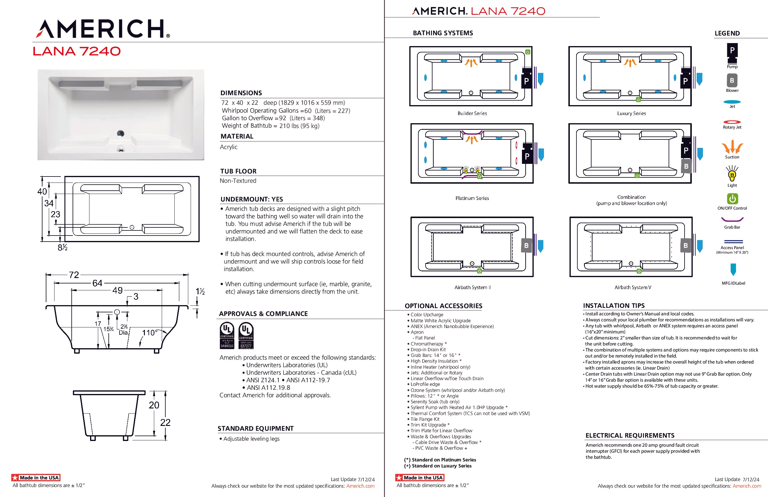 Americh Lana 7240 - Luxury Series Drop-in Bathtub LA7240L-WH