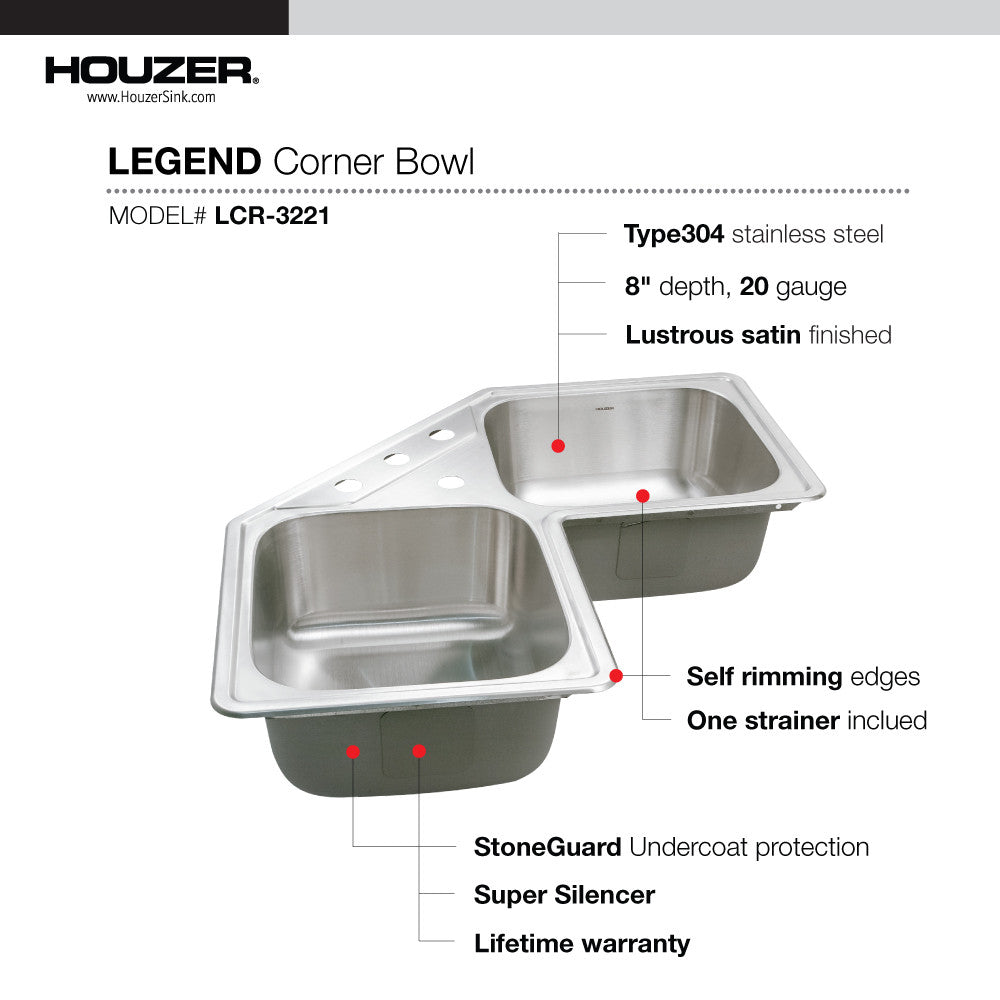 Houzer Legend 32 inch Stainless Steel Drop-in Topmount 4-hole 50/50 Double Bowl Corner Kitchen Sink - LCR-3221